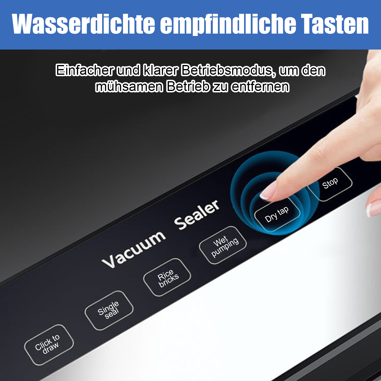 Finger drückt eine Taste auf dem Bedienfeld eines Vakuumierers mit Optionen.