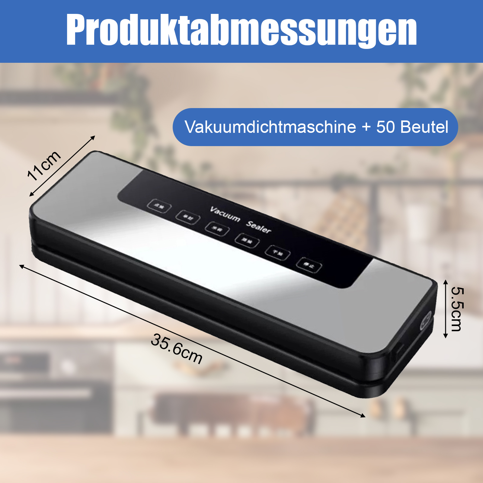 Schwarzer Vakuumierer mit Maßen 35,6 cm x 11 cm x 5,5 cm.
