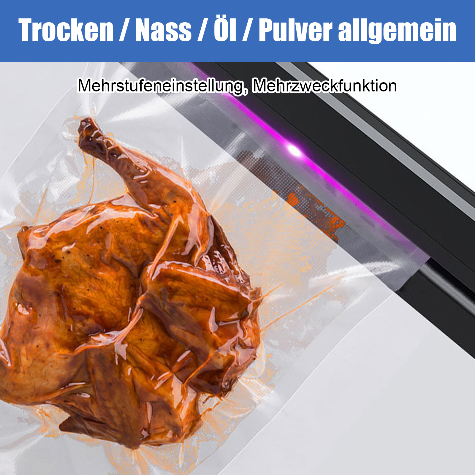 Ein gebratenes Hähnchen in Vakuumverpackung, mit marinierten Soßen übergossen.