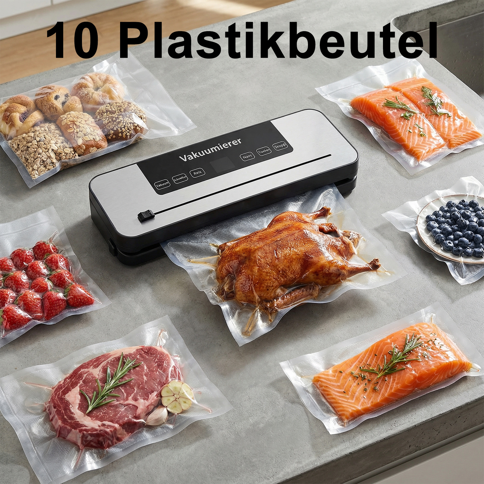 Ein Vakuumiergerät mit Lebensmitteln wie Fisch, Steak, Beeren, Gebäck und Ente.