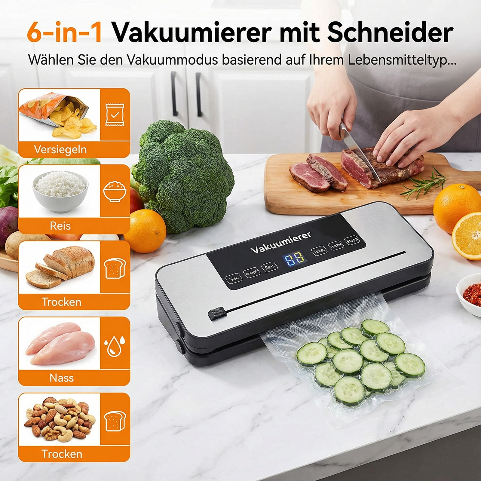 Ein Vakuumierer auf einer Marmorarbeitsplatte mit Lebensmitteln daneben.