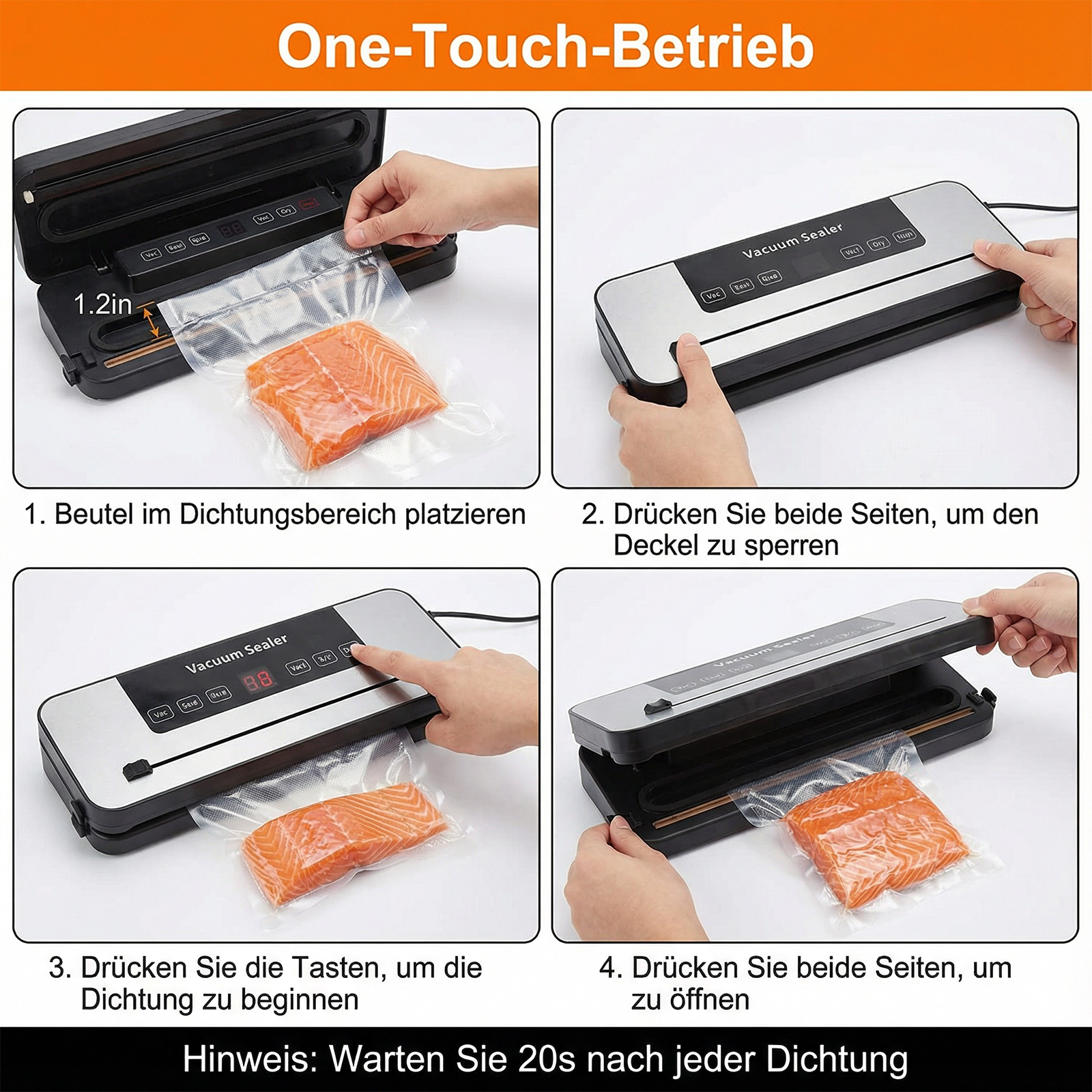 Vier Schritte zur Vakuumversiegelung von Lachs mit einem Gerät.