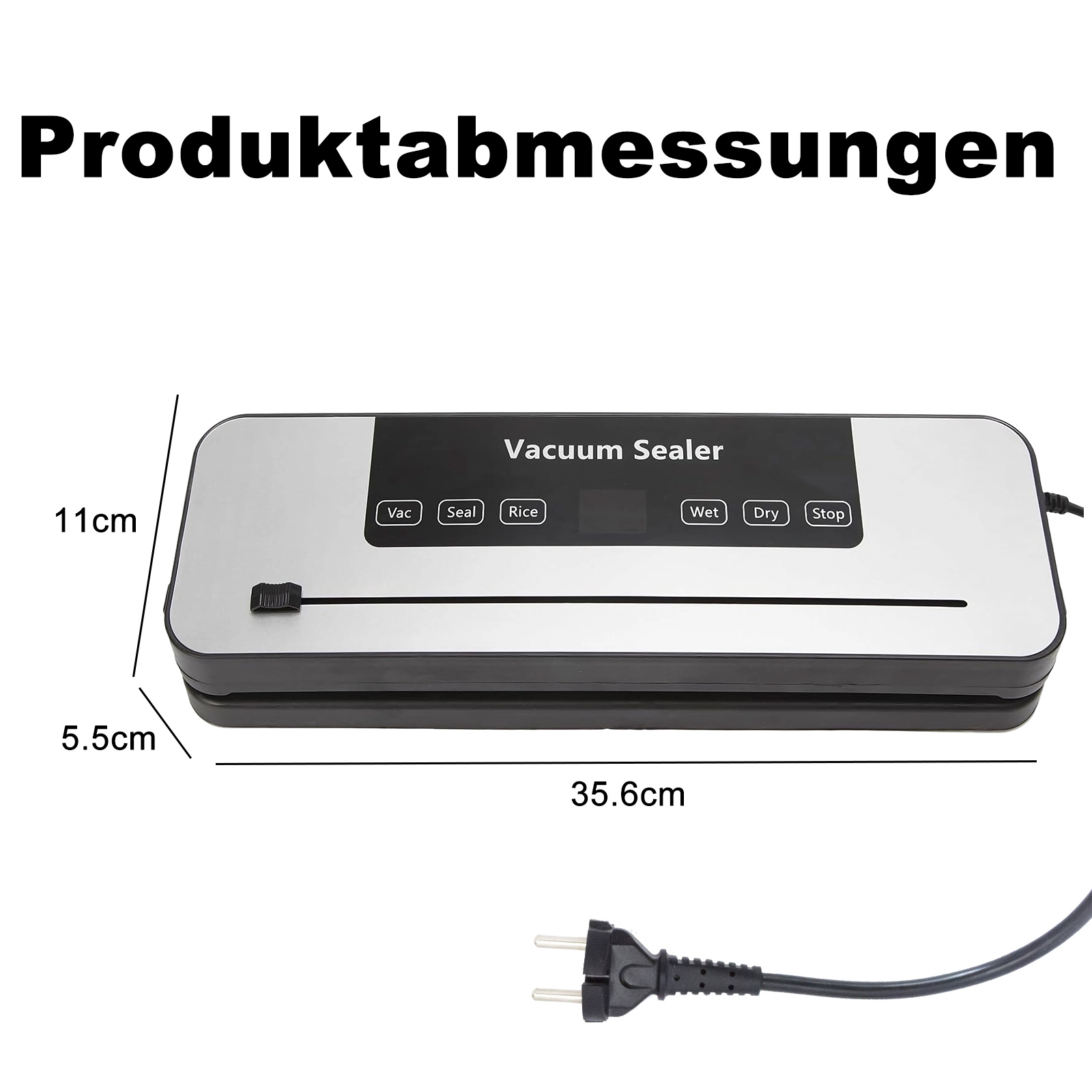 Silberne Vakuumierer mit Maßen 35,6 cm x 11 cm x 5,5 cm. Bedienelemente sichtbar.
