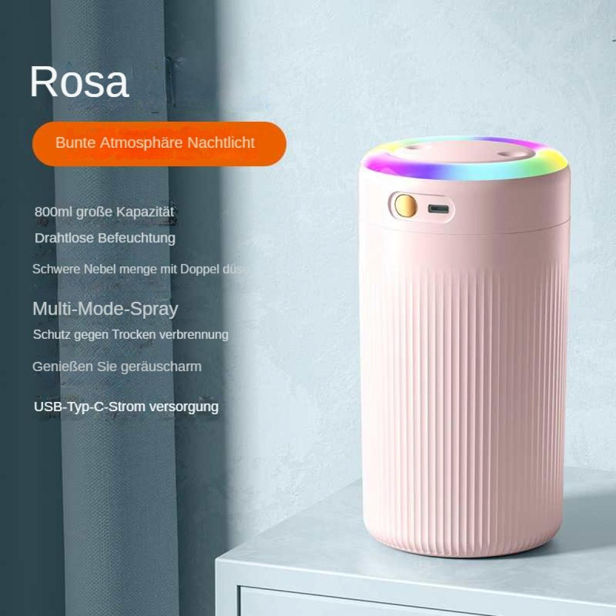Rosa Luftbefeuchter mit farbiger LED-Beleuchtung oben, 800ml Kapazität, USB-C.