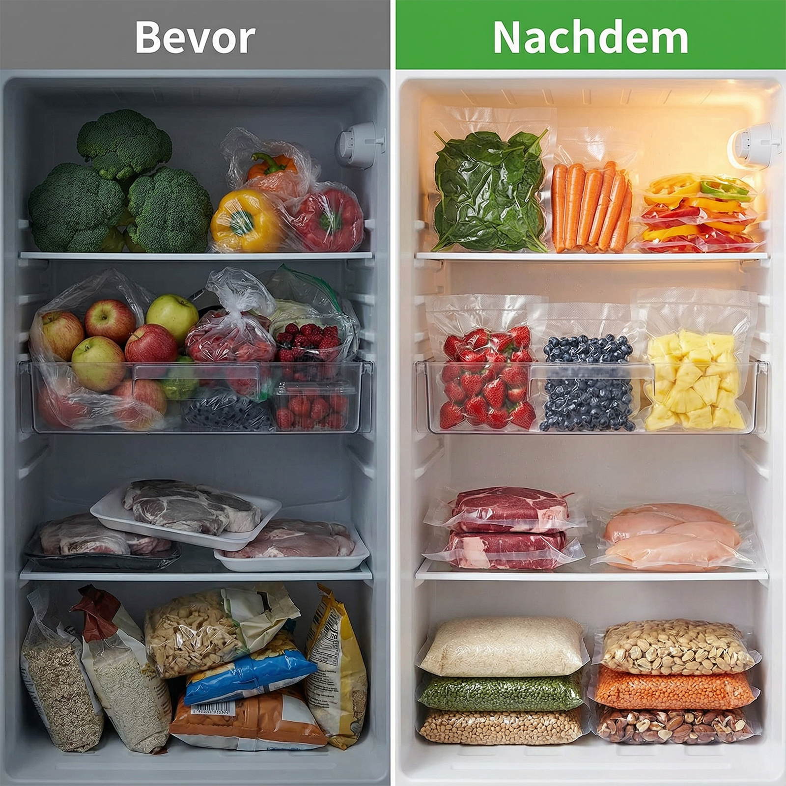 Links zeigt loses Obst und Fleisch. Rechts zeigt vakuumverpacktes Obst und Fleisch.