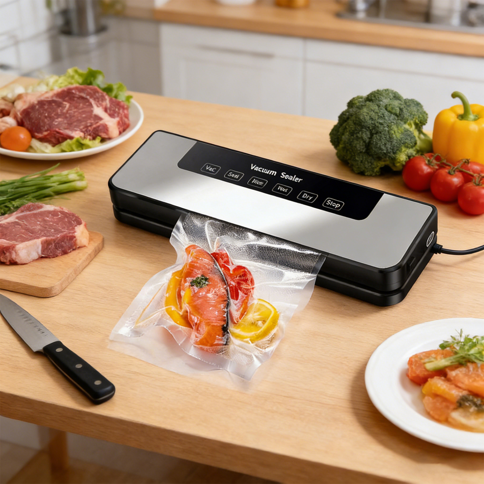Ein Vakuumierer auf einem Holztisch mit rohem Fleisch, Brokkoli, Tomaten und verpacktem Fisch.