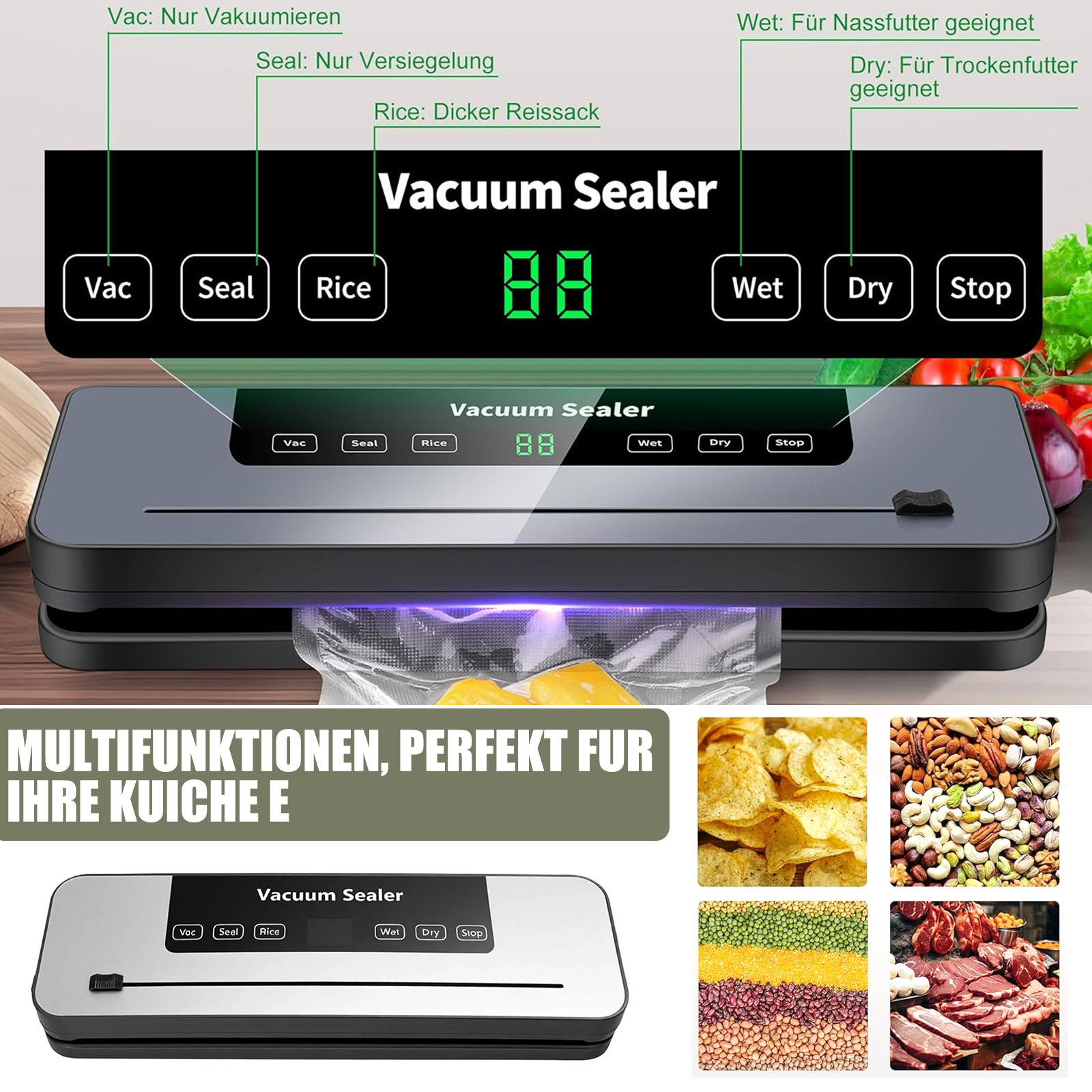 Ein Vakuumierer mit Tasten für Vac, Seal, Rice, Wet, Dry und Stop.