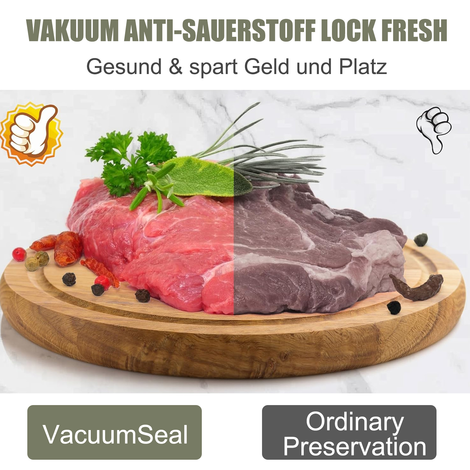 Rohes Fleisch geteilt: frisch rot links, gräulich rechts, auf Holzbrett mit Gewürzen.