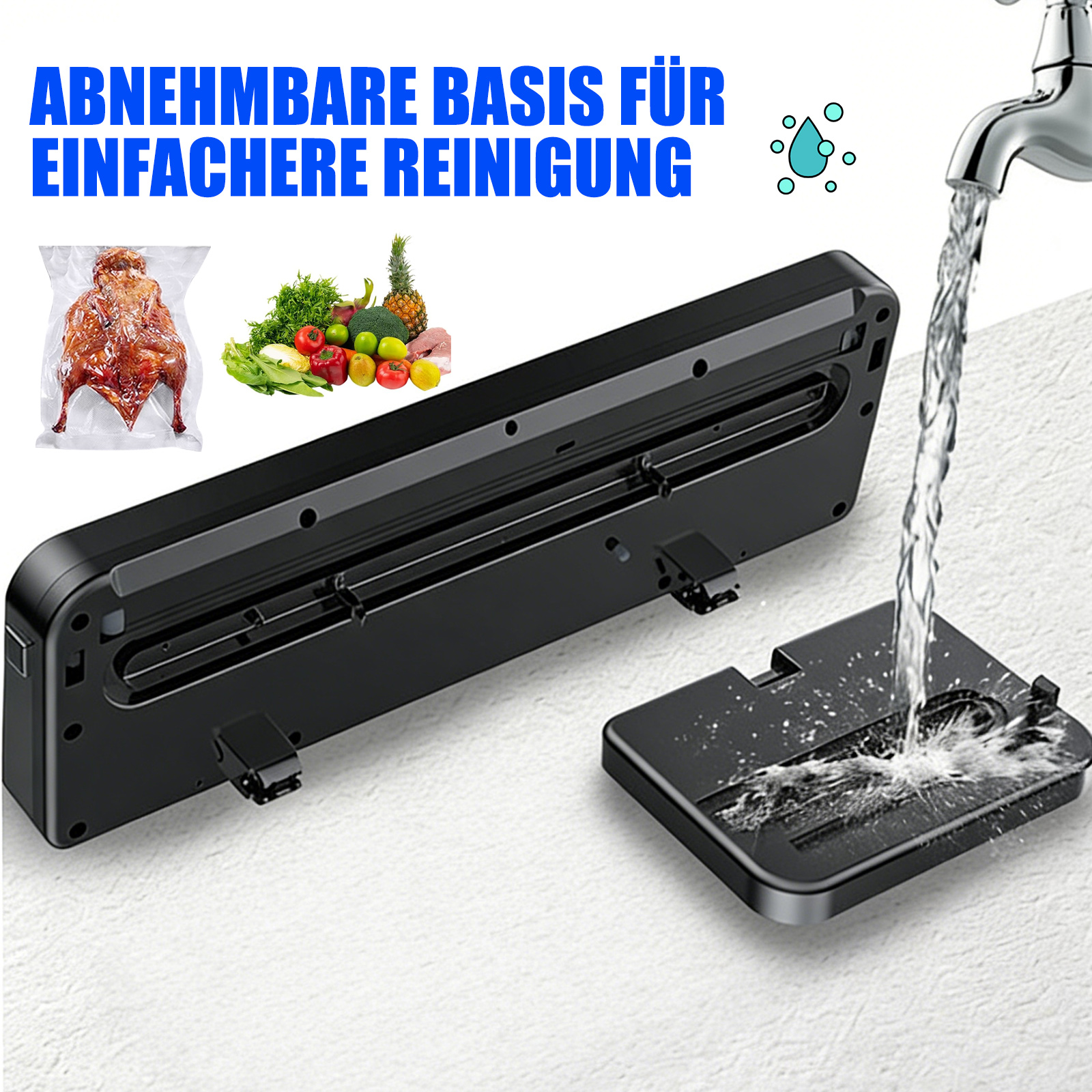 Ein Vakuumierer mit abnehmbarer Basis wird gereinigt. daneben sind ein gebratenes Huhn und Obst.