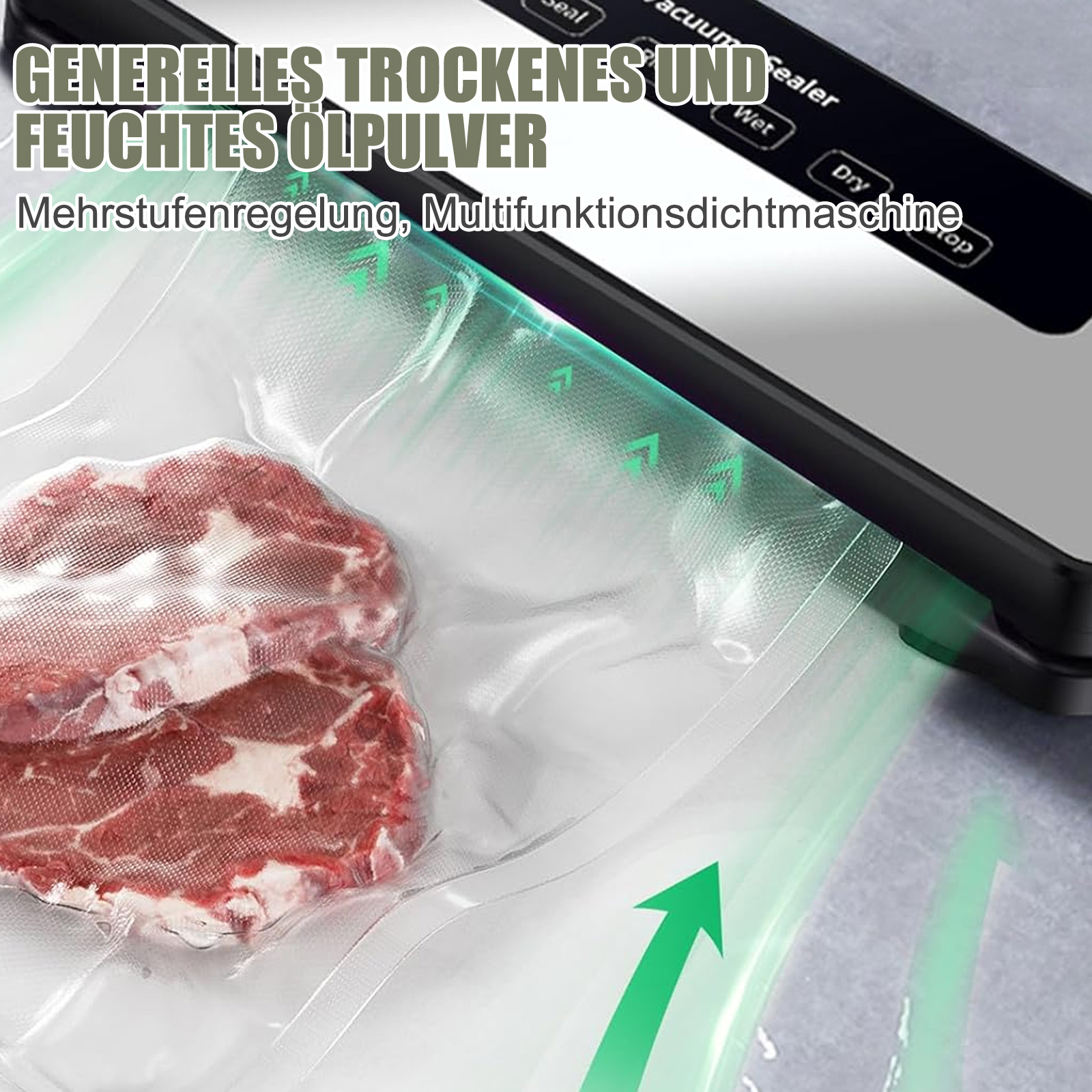 Fleisch in einem Vakuumierbeutel, der von einer Maschine versiegelt wird.
