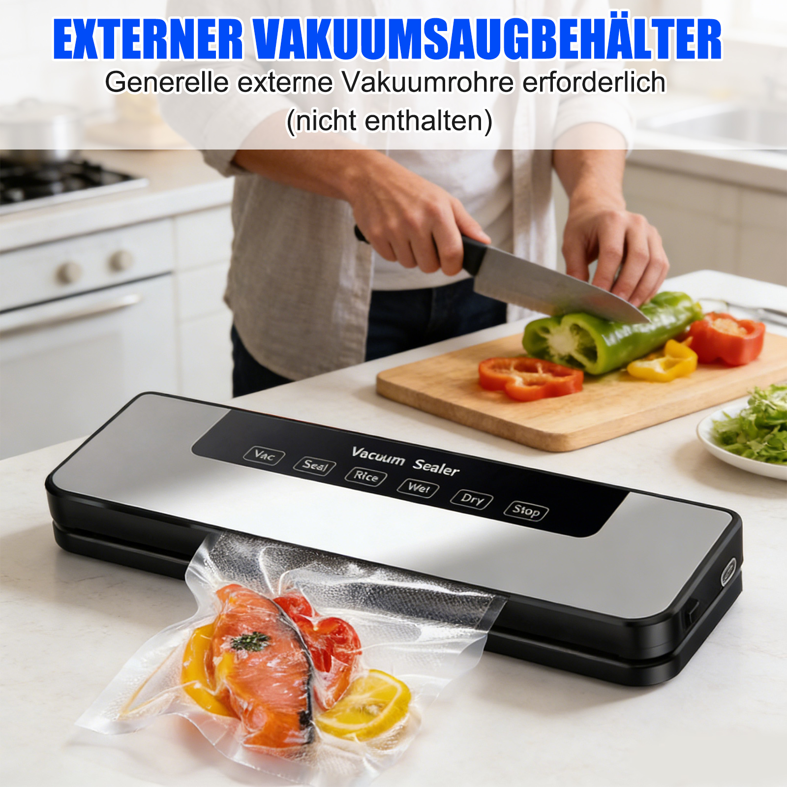 Vakuumierer mit Fisch und Gemüse, Person schneidet Paprika.