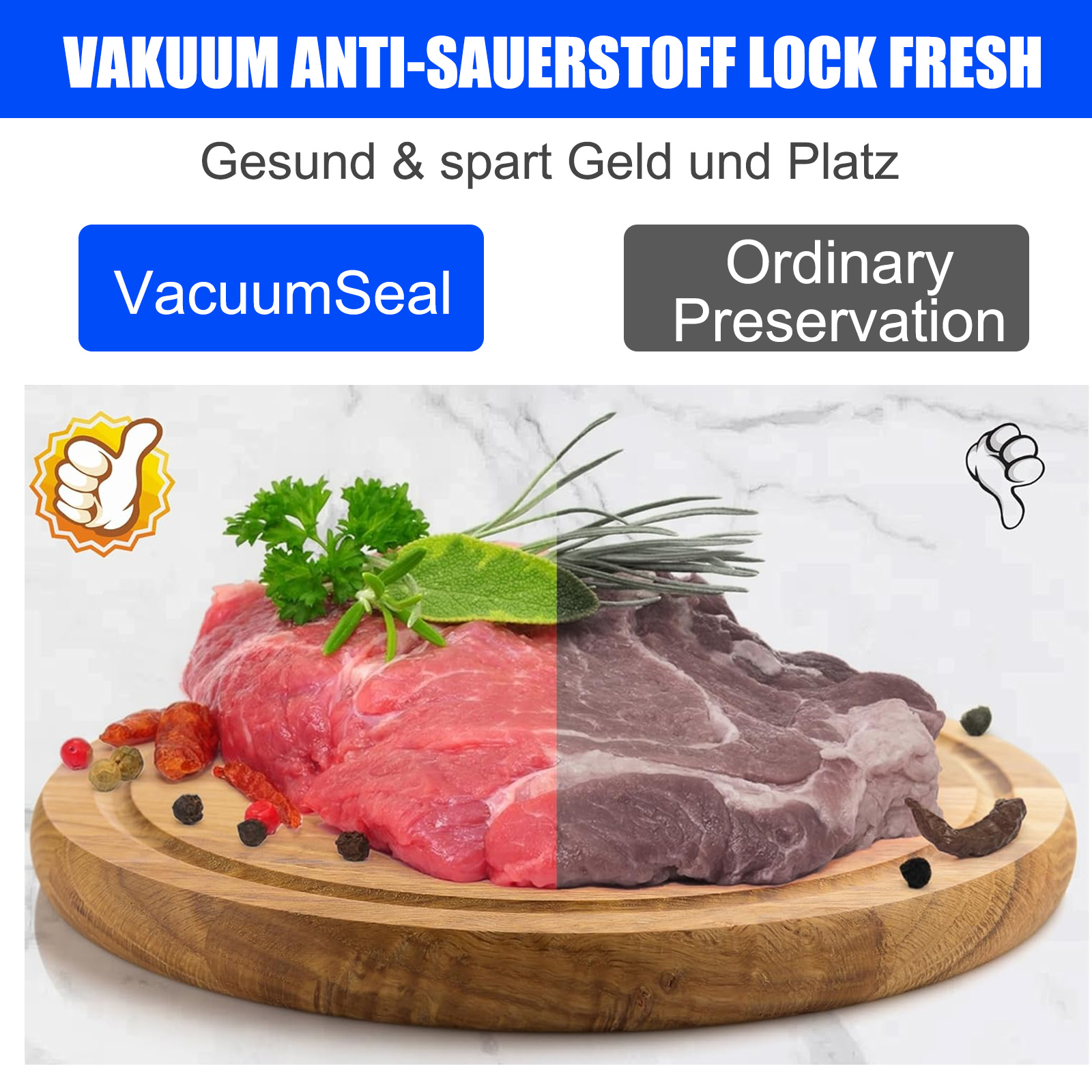 Vergleich von rohem Fleisch nebeneinander: frisch vs. haltbar. Daumen hoch/runter Symbole.