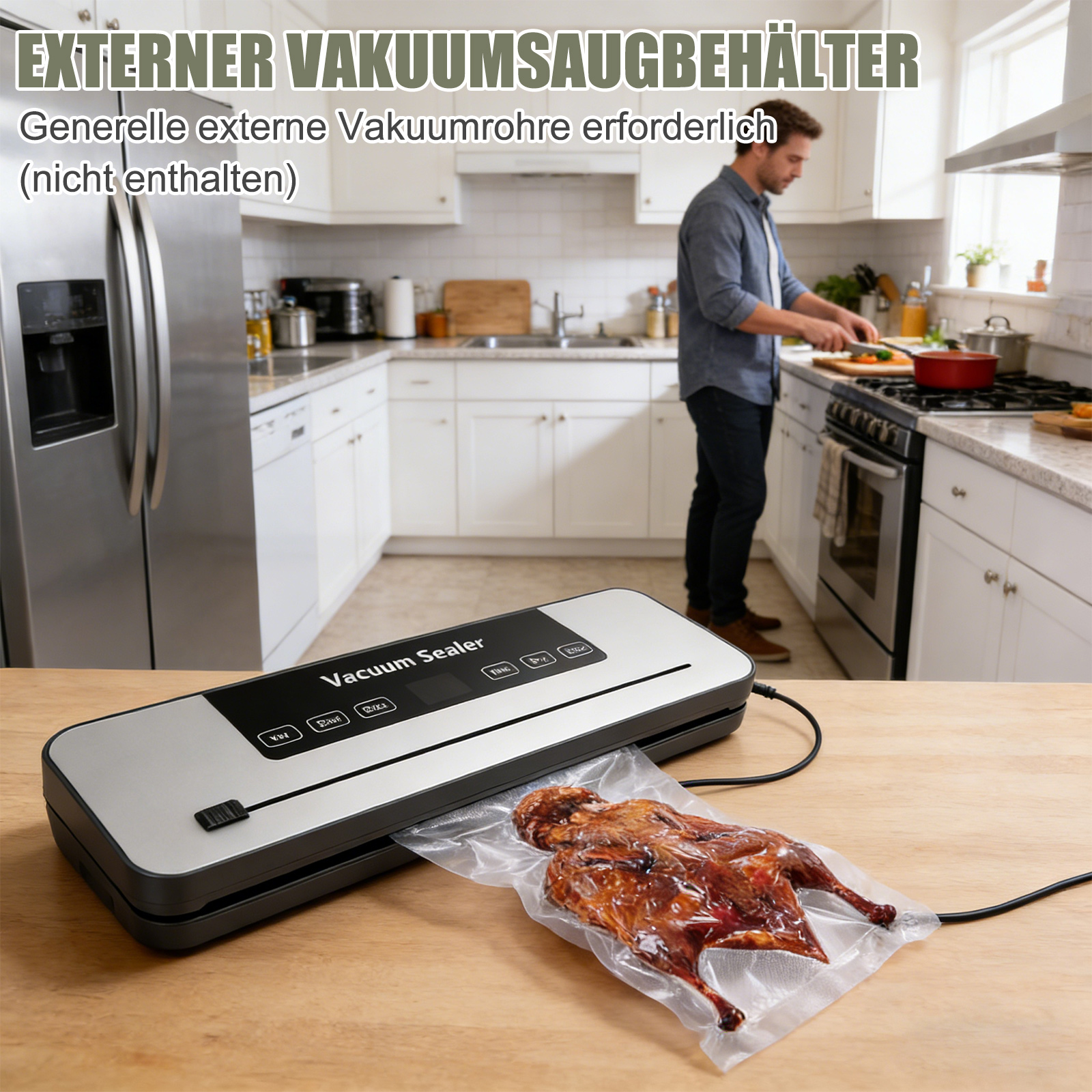 Ein Vakuumiergerät mit einem Brathähnchen im Beutel, Mann kocht in der Küche.