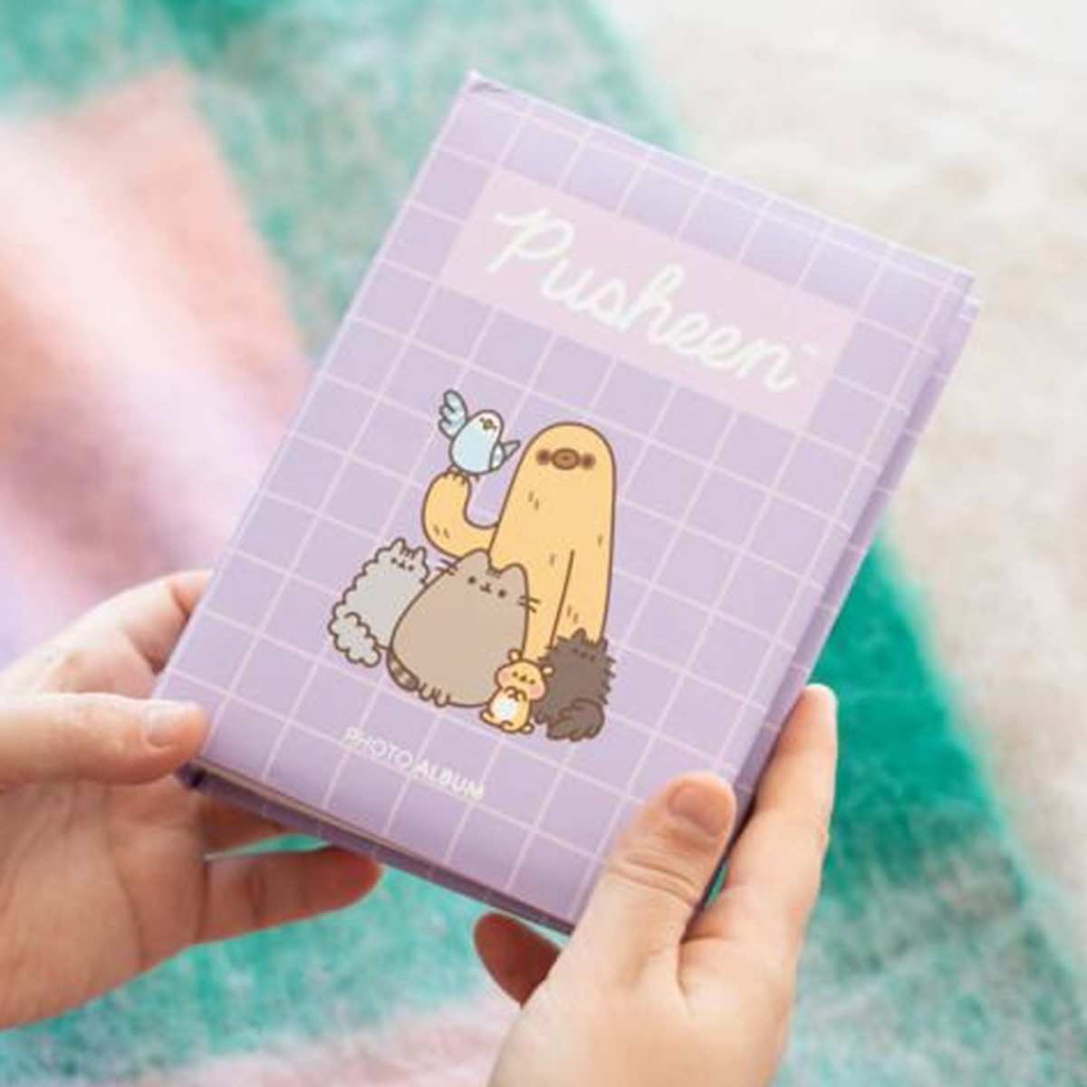 Un album photo Pusheen violet tenu par deux mains. Présente des personnages mignons sur la couverture.