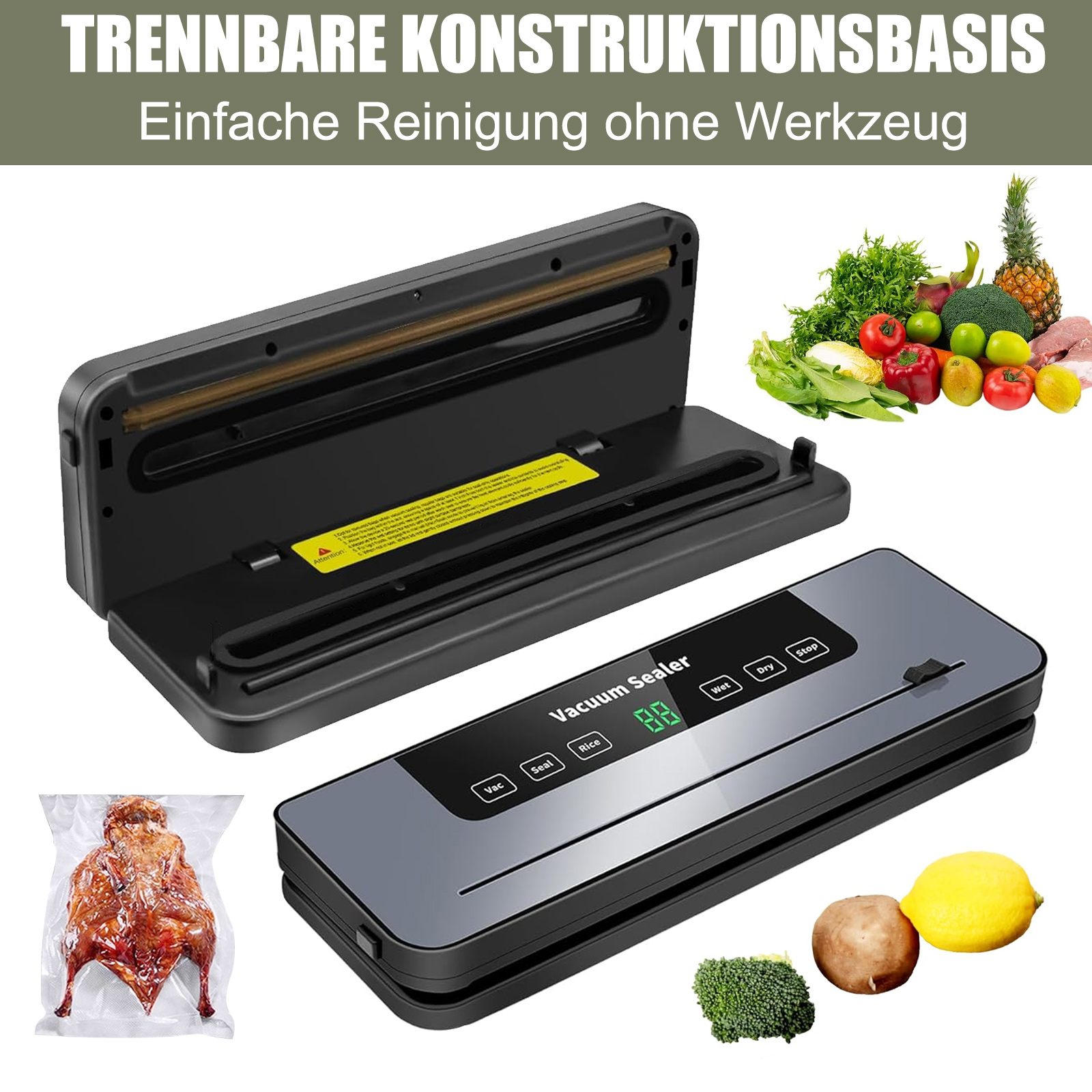Ein Vakuumiergerät mit offenem Deckel, daneben Lebensmittel und ein vakuumierter Braten.