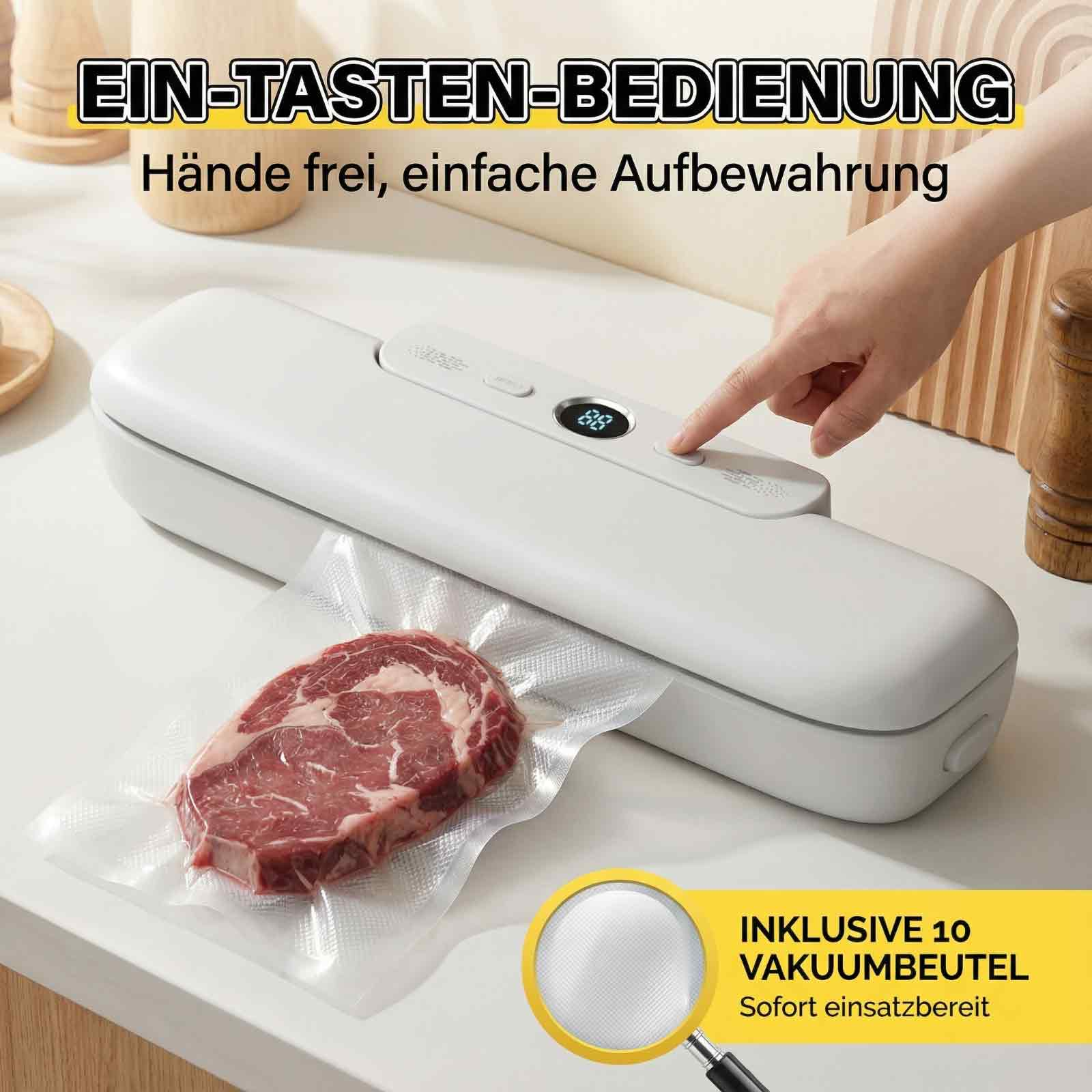 Ein weißer Vakuumierer wird mit einem rohen Steak in einem Beutel gezeigt, eine Hand drückt einen Knopf.