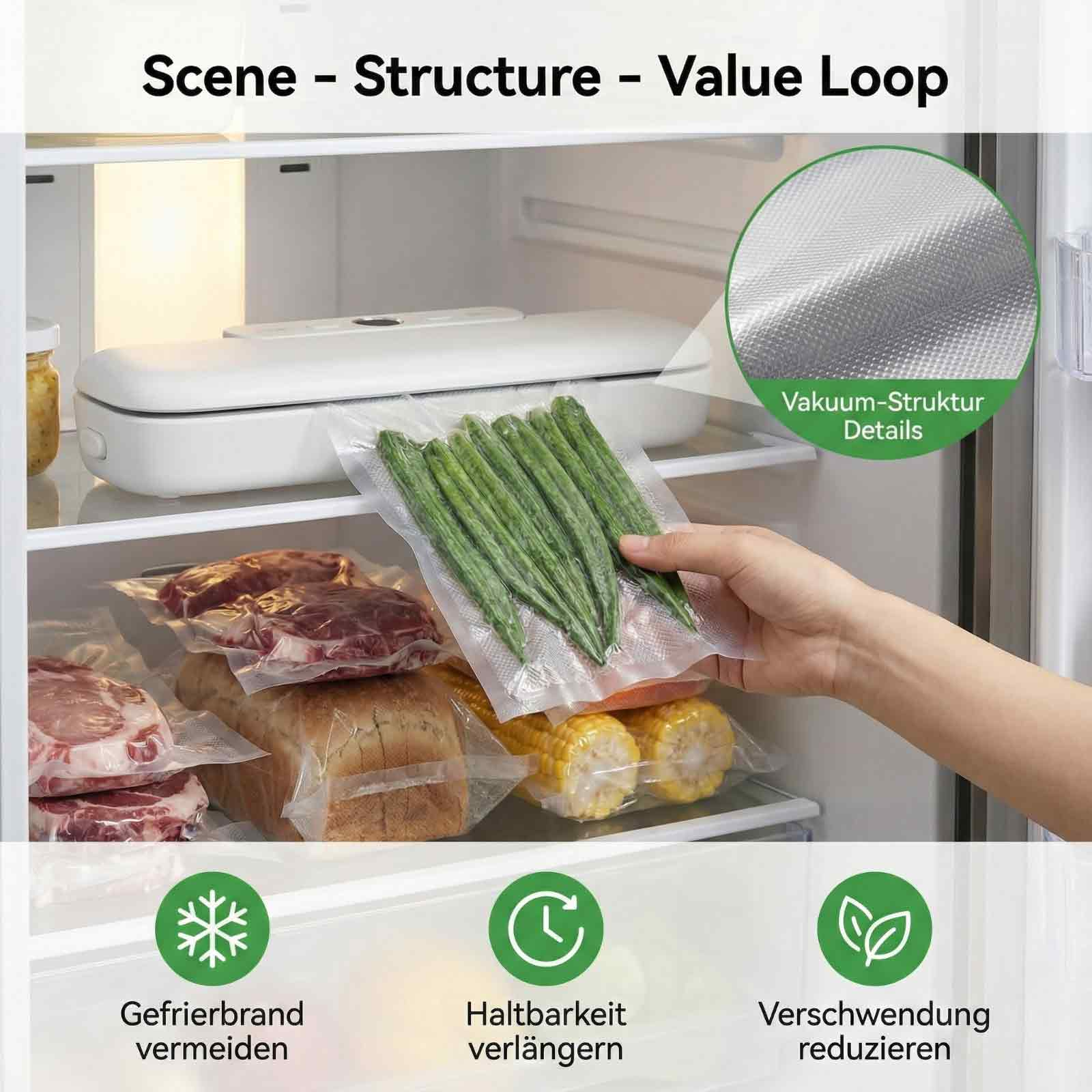Eine Hand legt vakuumverpackte grüne Bohnen in einen Kühlschrank mit Fleisch, Brot und Mais.