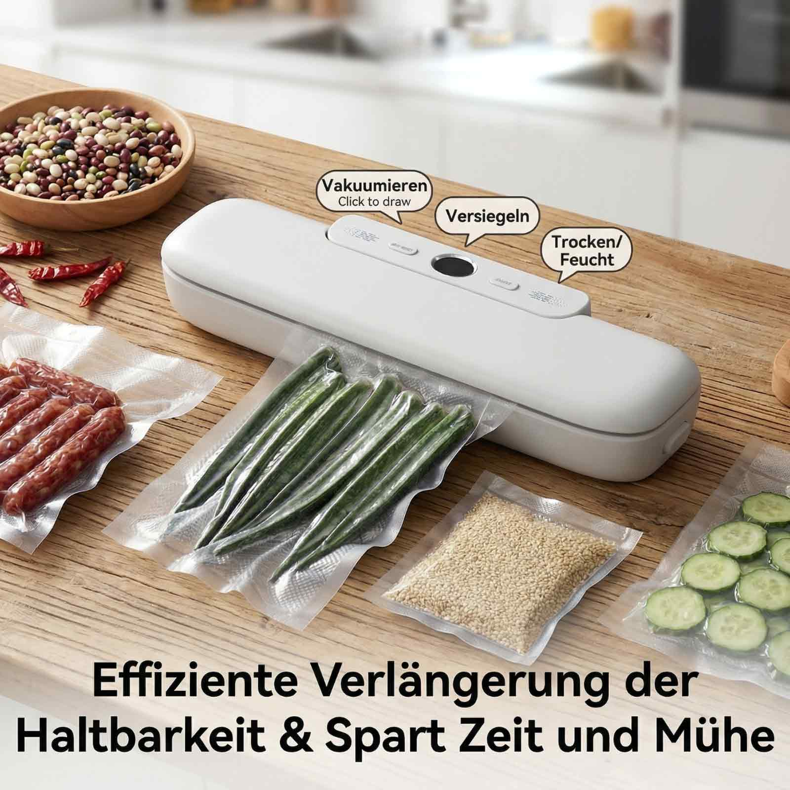Ein weißes Vakuumiergerät mit Lebensmitteln in versiegelten Beuteln.