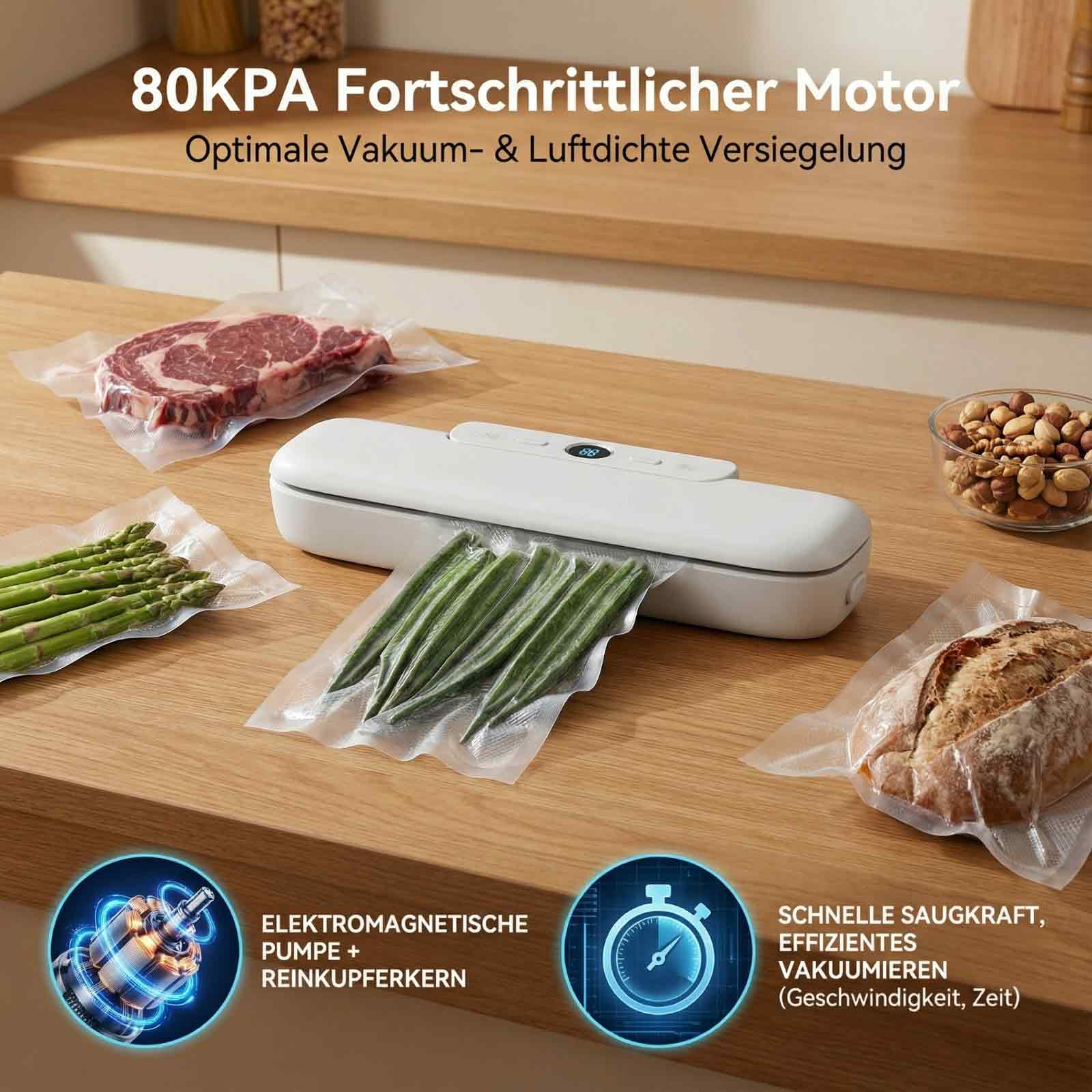 Ein Vakuumiergerät versiegelt Lebensmittel wie Steak, Spargel, Okra, Brot und Nüsse.