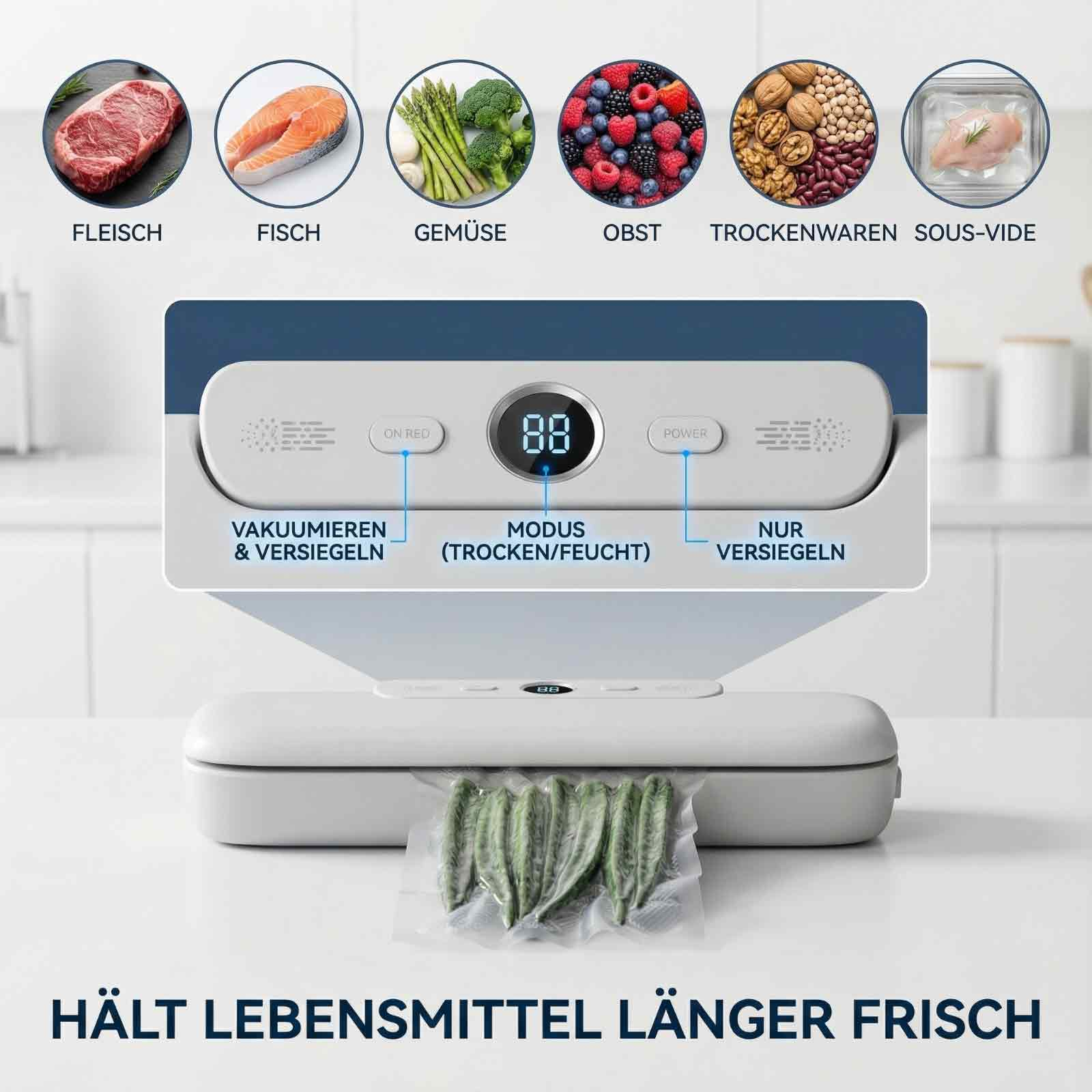 Vakuumierer mit Modi für Fleisch, Fisch, Gemüse, Obst, Trockenwaren, Sous-Vide. Bohnen werden versiegelt.