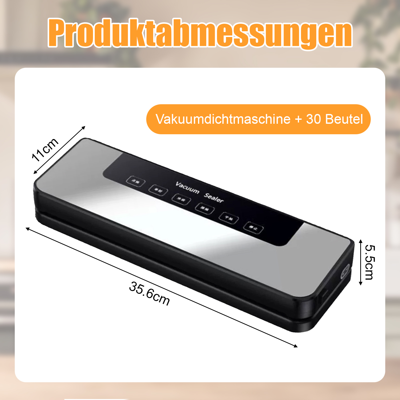 Schwarzer Vakuumierer, 35,6cm L x 11cm H x 5,5cm B, mit Bedienfeld.