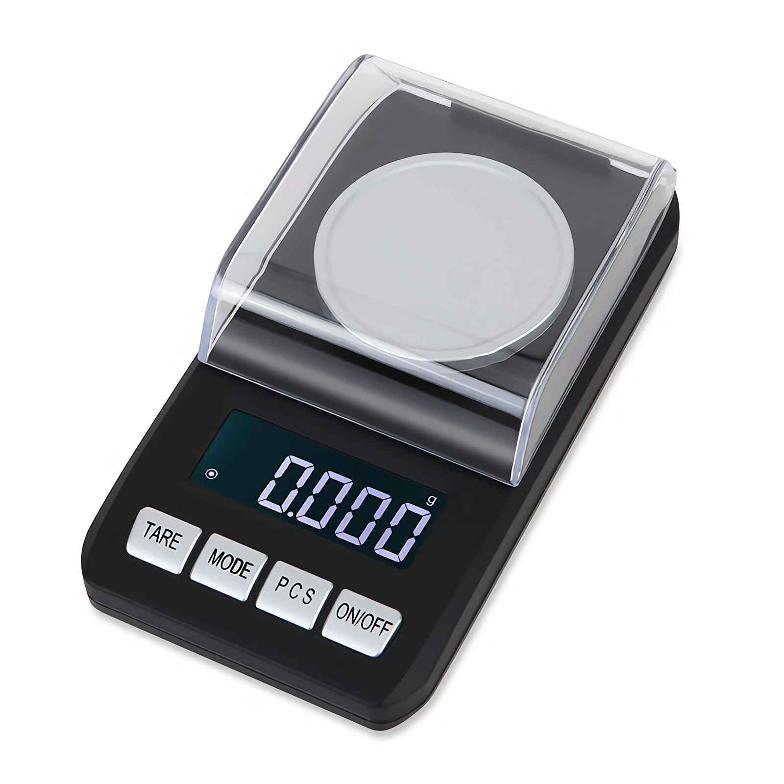 Eine schwarze Digitalwaage mit transparenter Abdeckung zeigt 0,000g an. Tasten: TARE, MODE, PCS, ON/OFF.