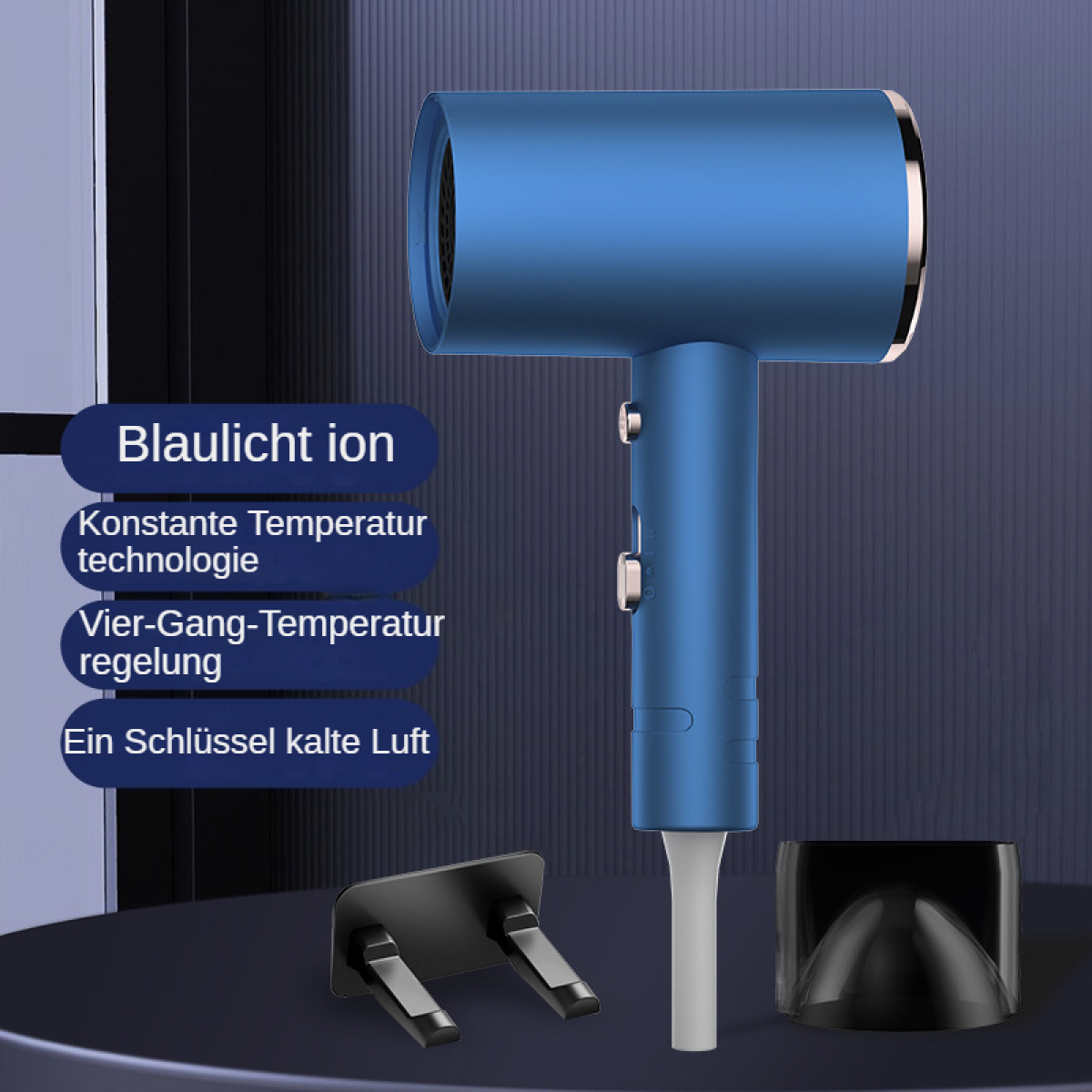 Blauer Haartrockner mit Goldrand, Knöpfen und Aufsätzen. Text: 'Blaulicht ion'.