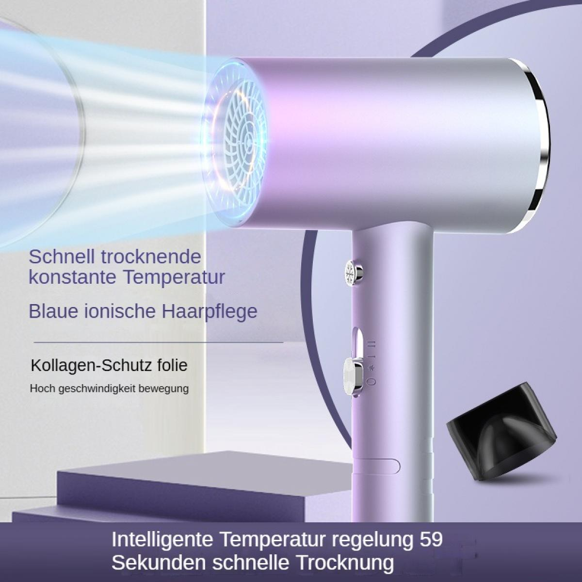 Lila Haartrockner mit blauem Lichtstrahl und Bedienelementen.