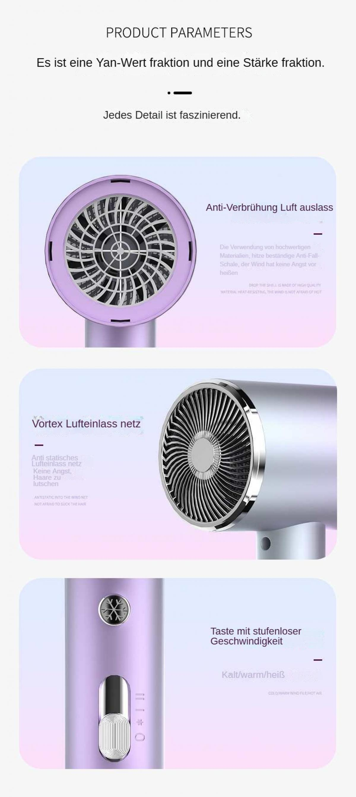 Ein violetter Haartrockner mit Fokus auf Luftauslass und Lufteinlass.