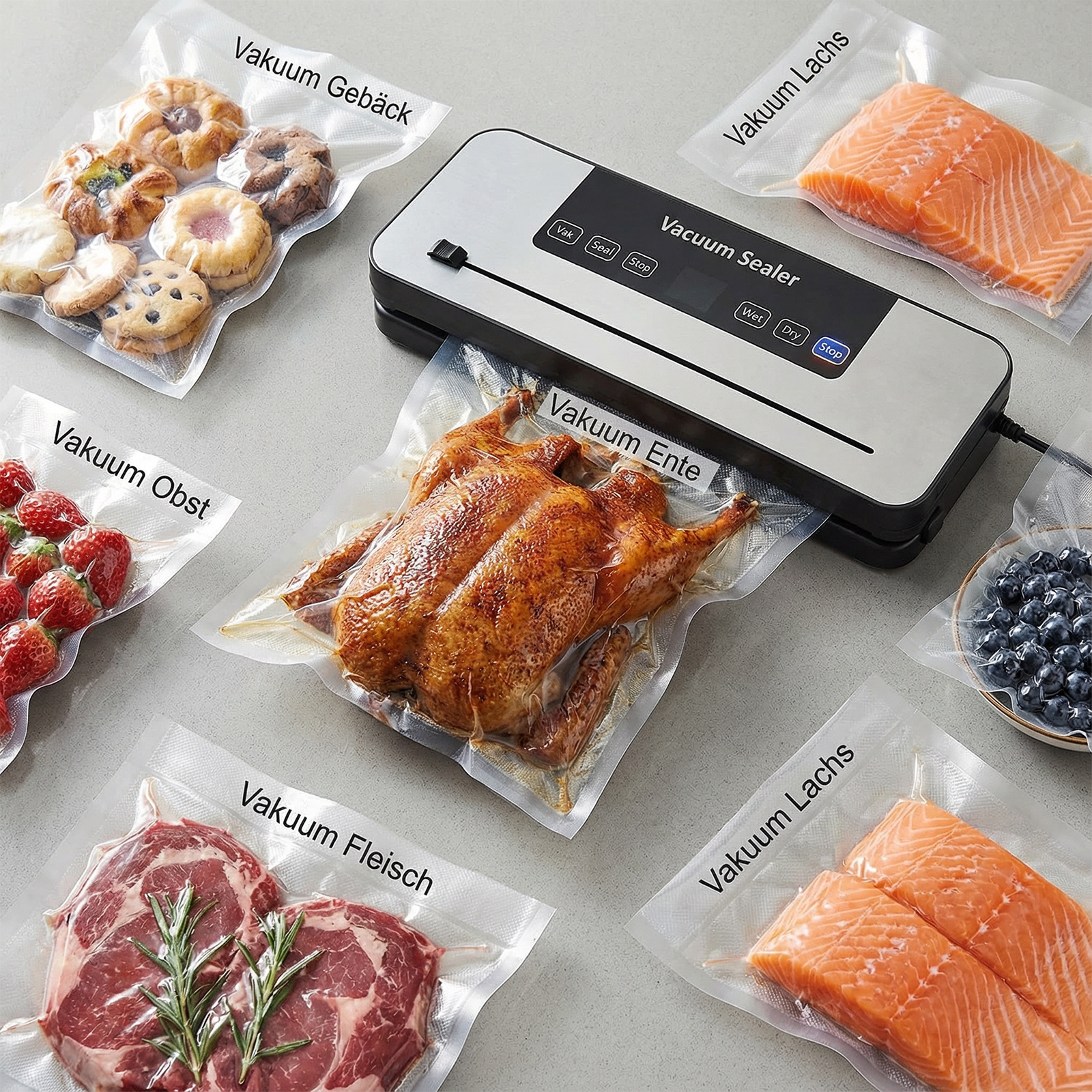 Vakuumierer mit verschiedenen Lebensmitteln: Huhn, Lachs, Steak, Erdbeeren, Kekse und Blaubeeren.