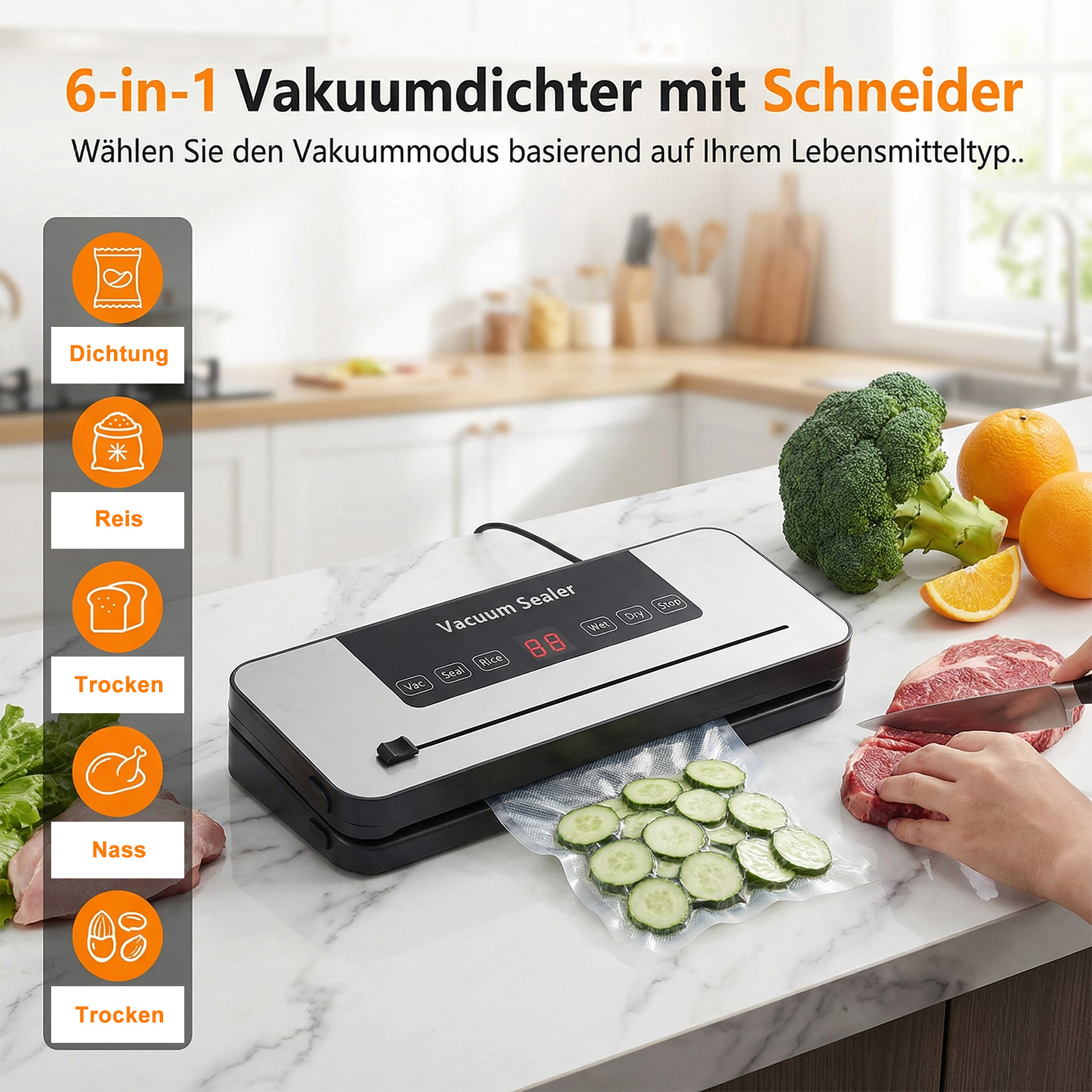Ein Vakuumiergerät mit verschiedenen Modi und Lebensmitteln wie Fleisch, Gemüse und Obst.