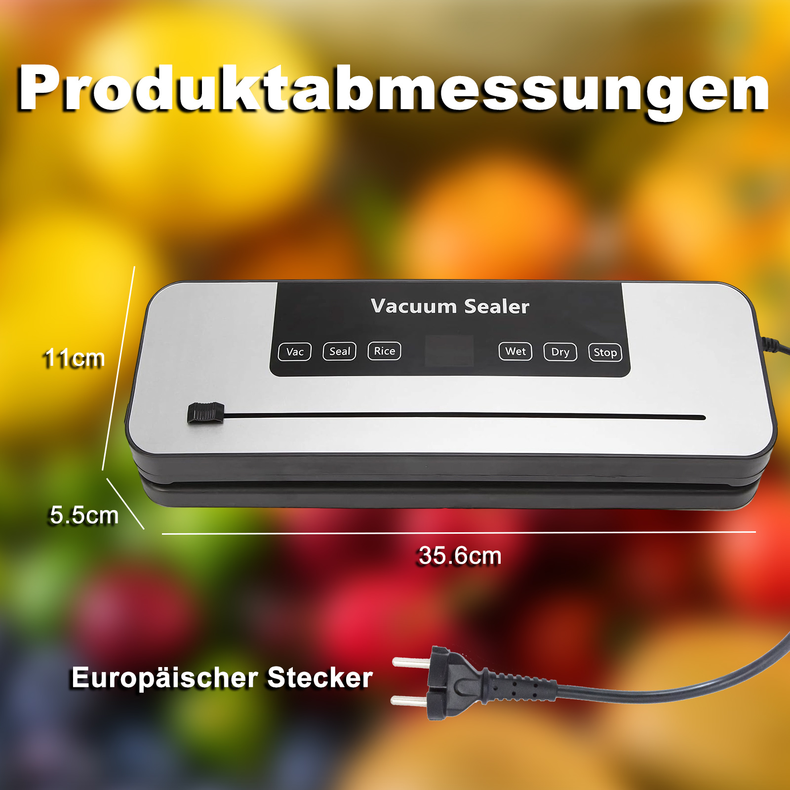 Vakuumierer mit Maßen 11cm, 5.5cm und 35.6cm. Mit EU-Stecker.