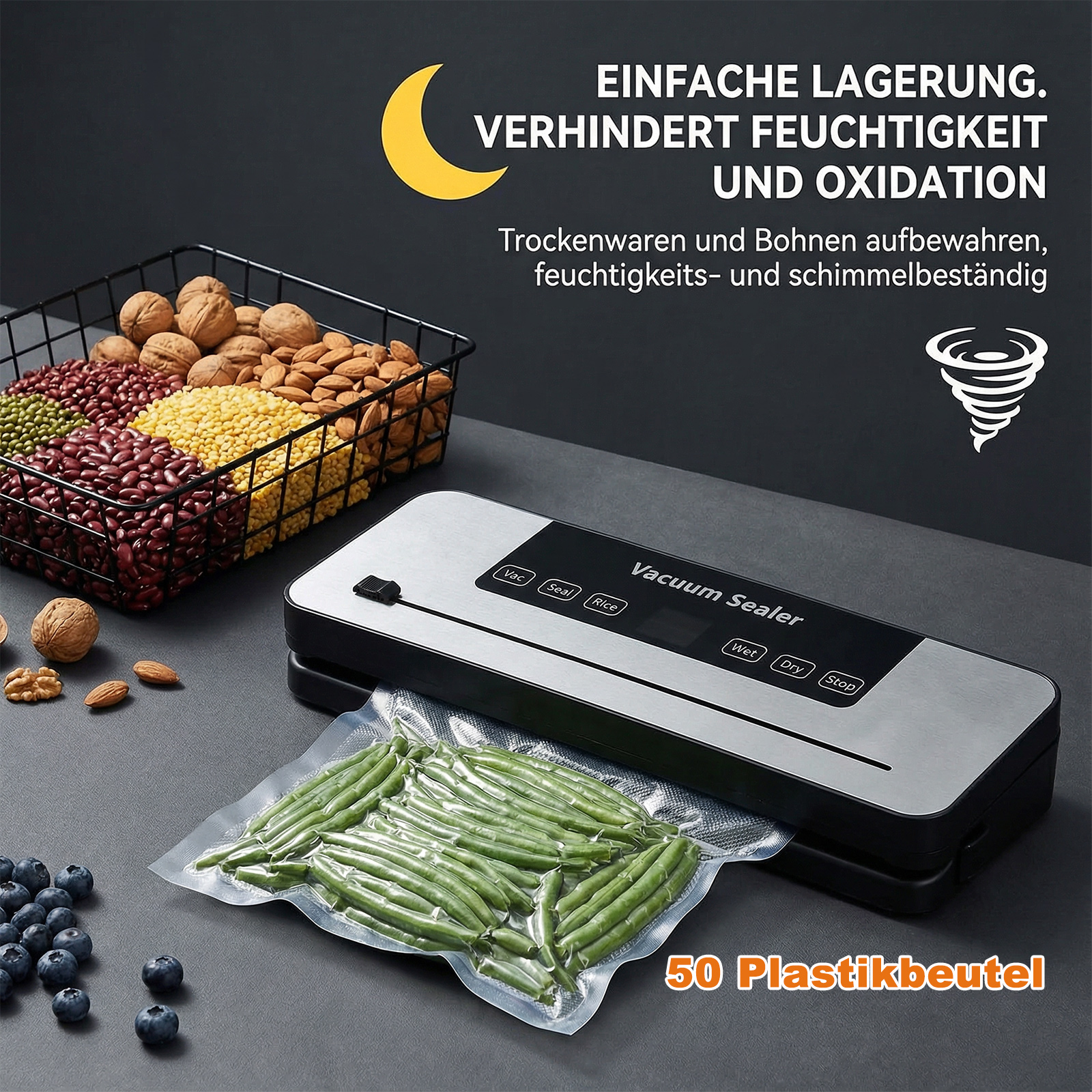 Ein Vakuumierer versiegelt grüne Bohnen. daneben ein Korb mit Nüssen und Bohnen.