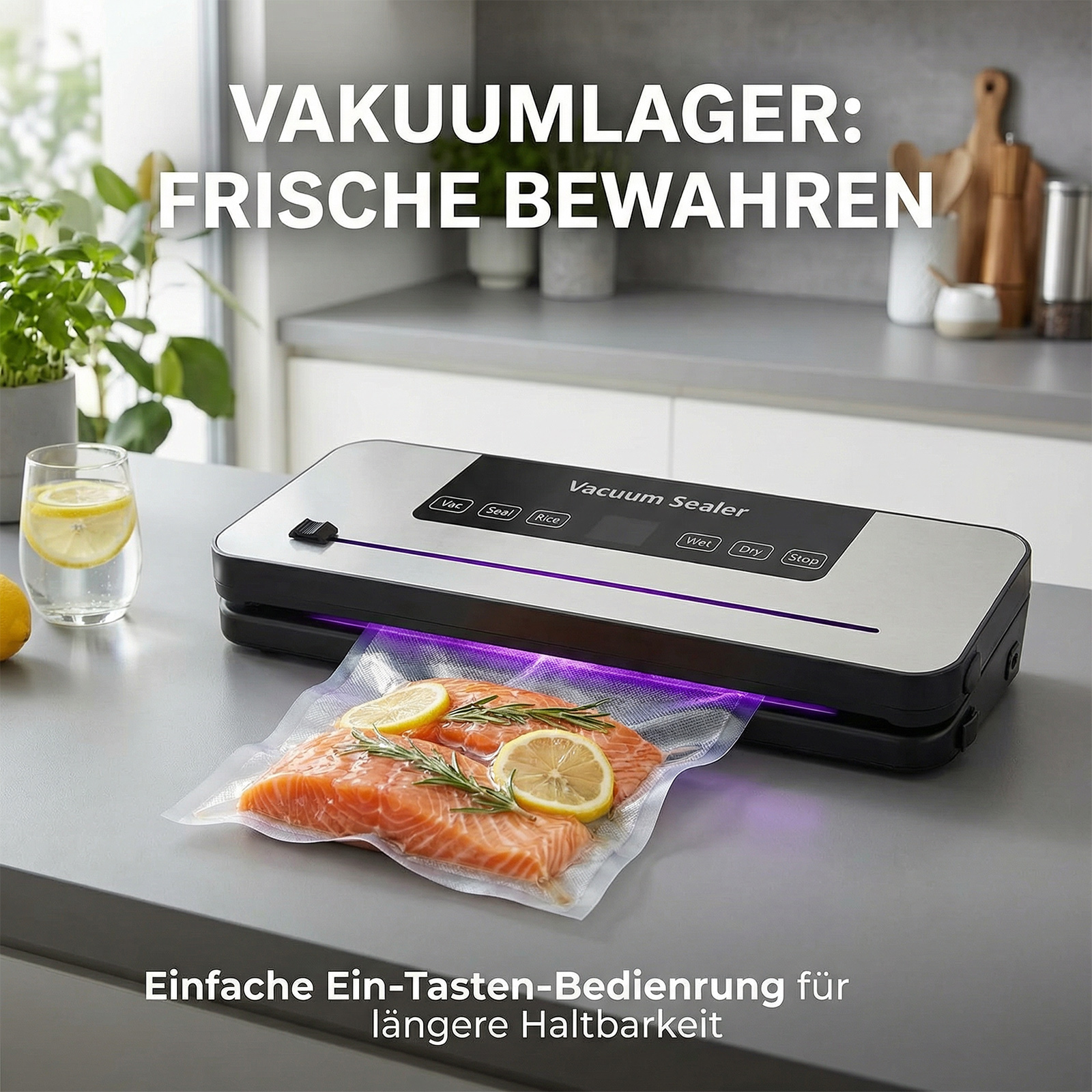 Ein Vakuumiergerät versiegelt Lachs mit Zitronen und Rosmarin in einem Plastikbeutel.