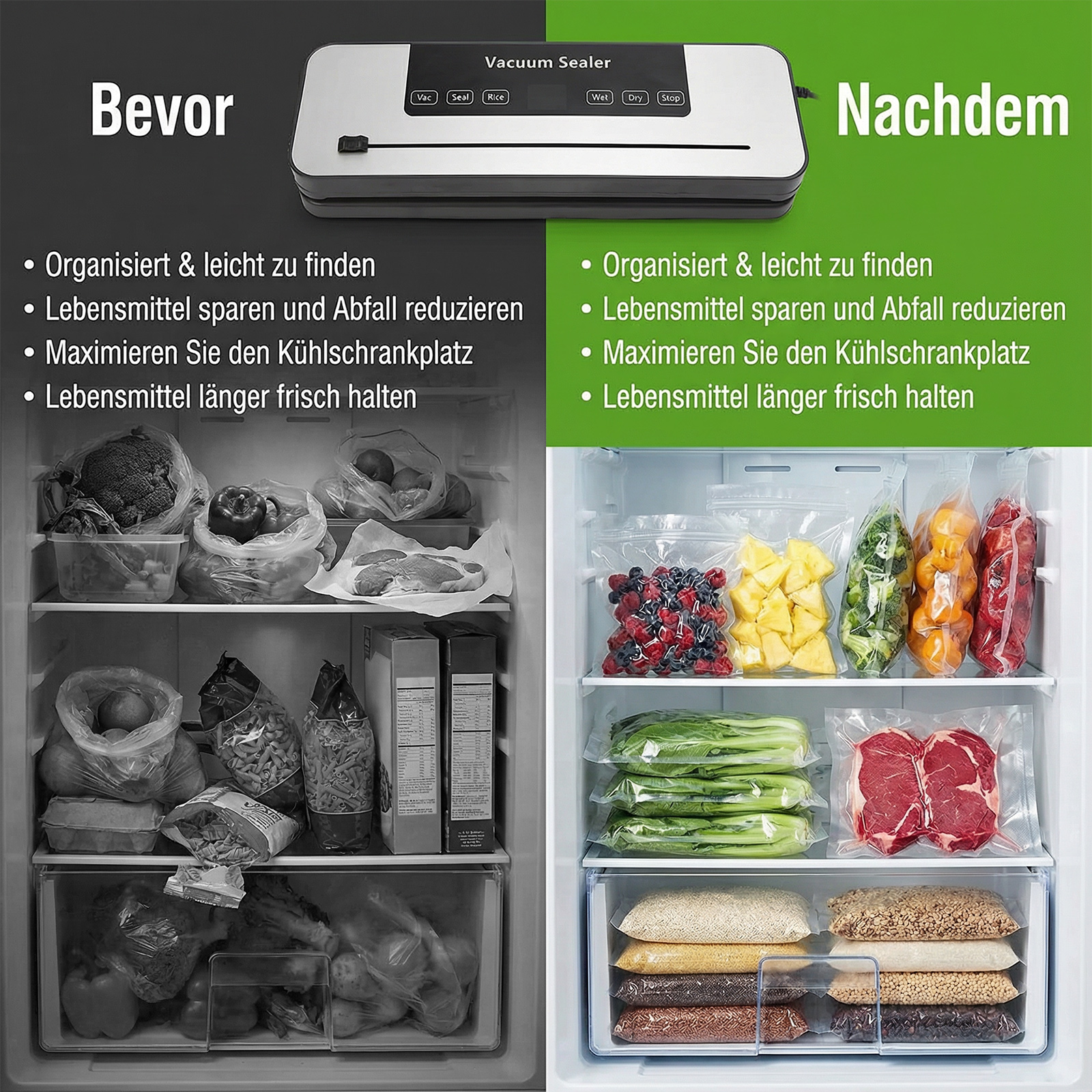 Vorher/Nachher Vergleich eines Kühlschranks: Unorganisiert vs. vakuumversiegelte Lebensmittel.