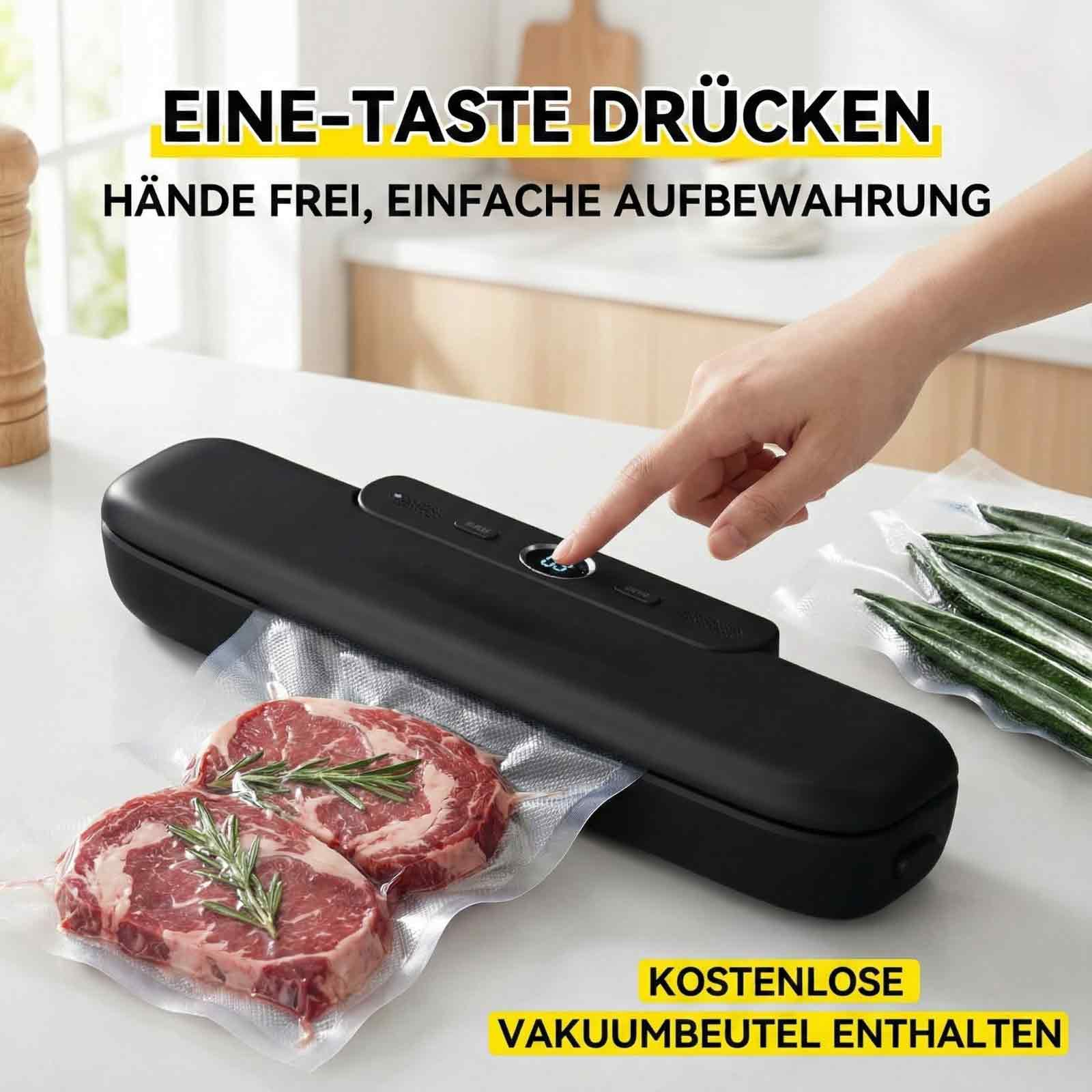 Ein schwarzes Vakuumiergerät versiegelt Fleisch und Gemüse. Hände frei.
