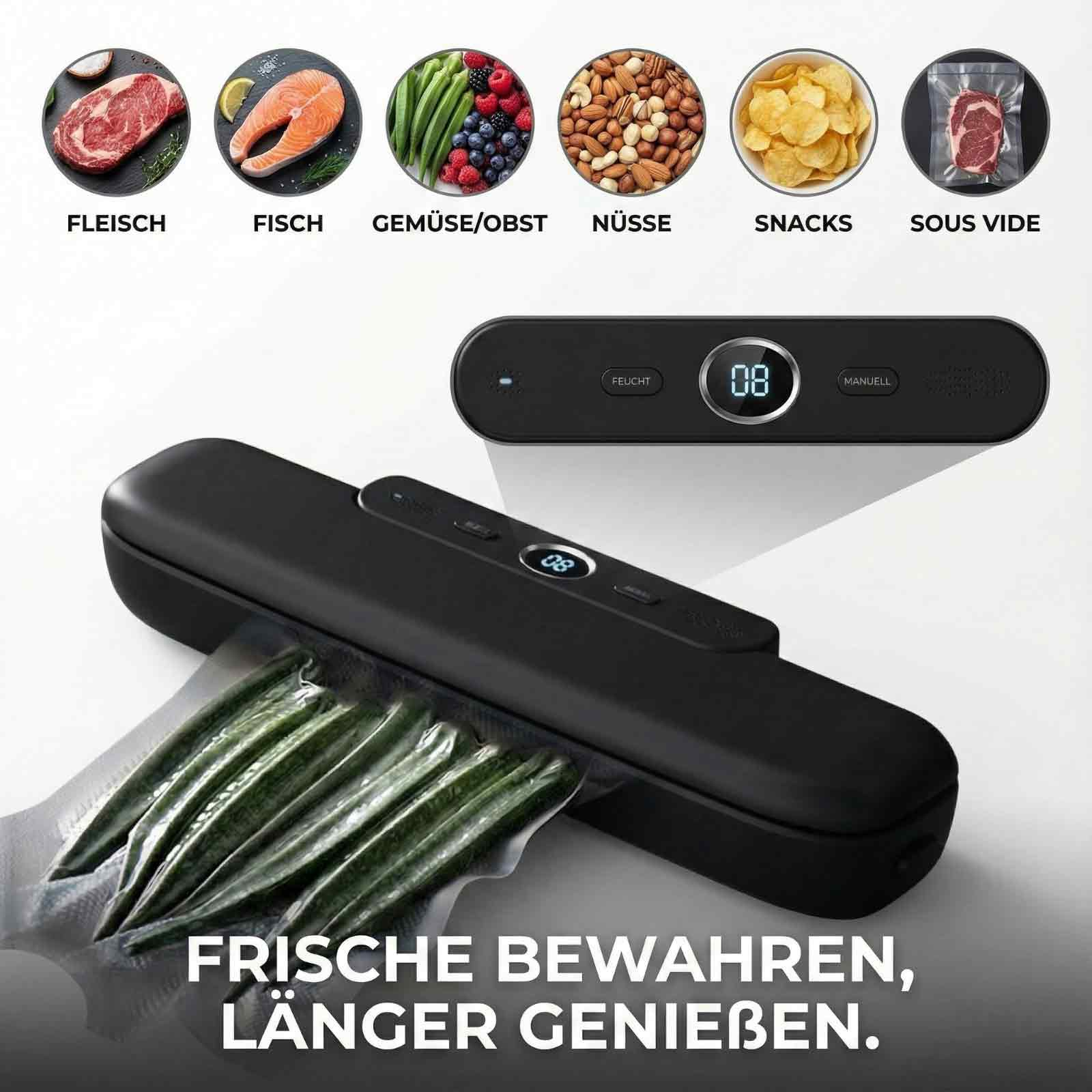 Ein schwarzer Vakuumierer mit versiegelten Gurken. Oben sind Lebensmittelbilder zu sehen.