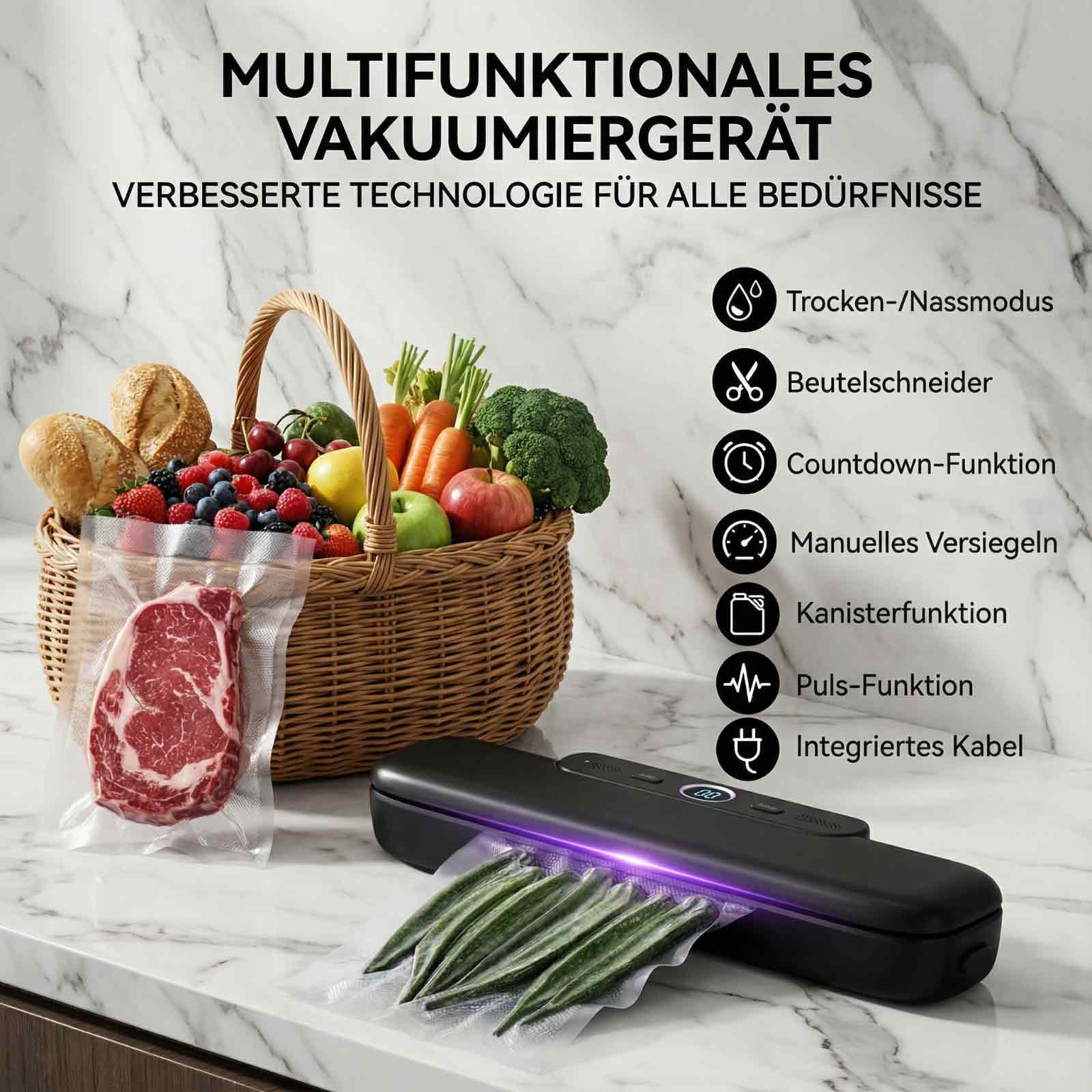 Ein Vakuumiergerät mit Lebensmitteln, darunter Steak, Brot, Beeren und Gemüse.