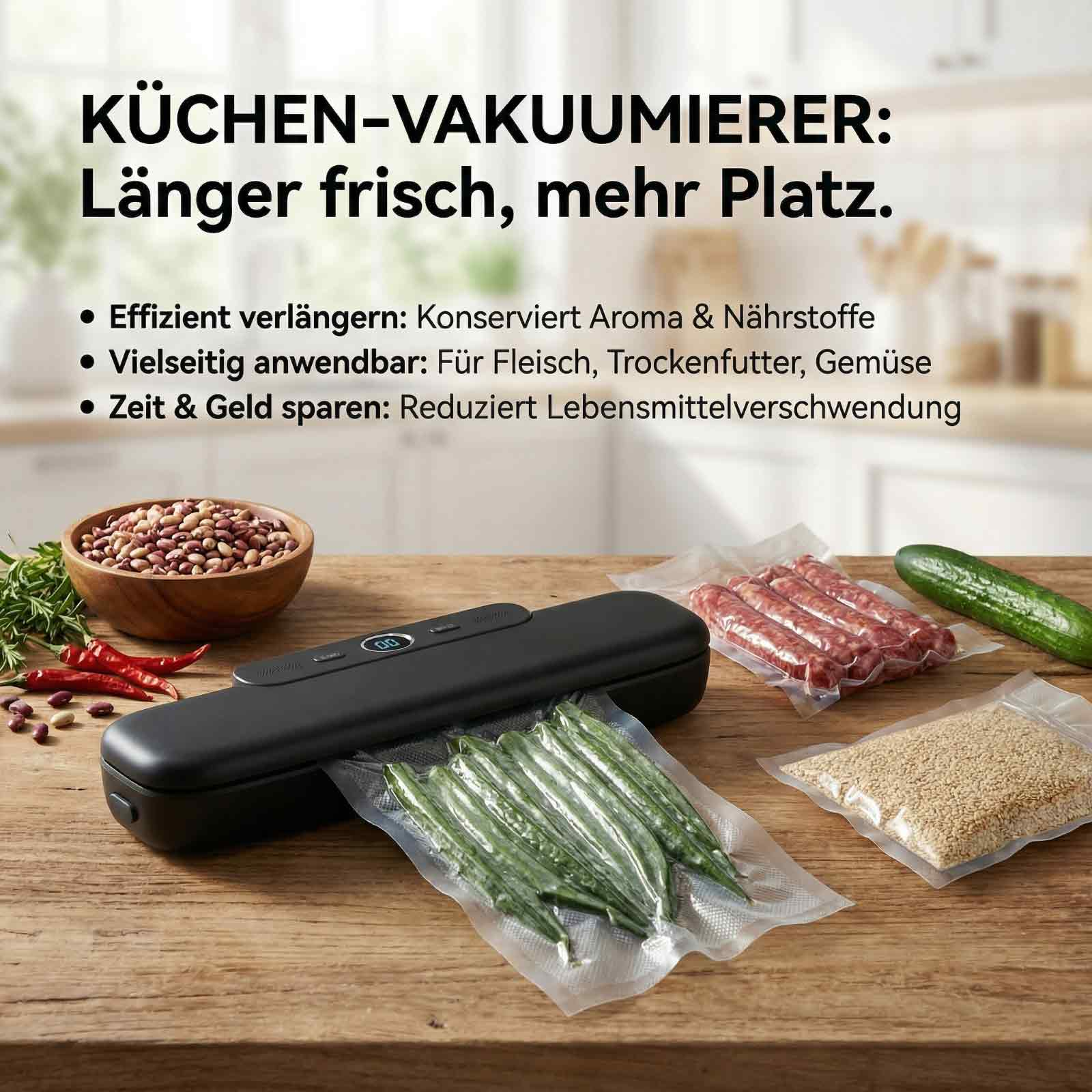 Ein Vakuumiergerät auf einem Holztisch mit vakuumverpacktem Gemüse, Wurst, Gurke und Körnern.