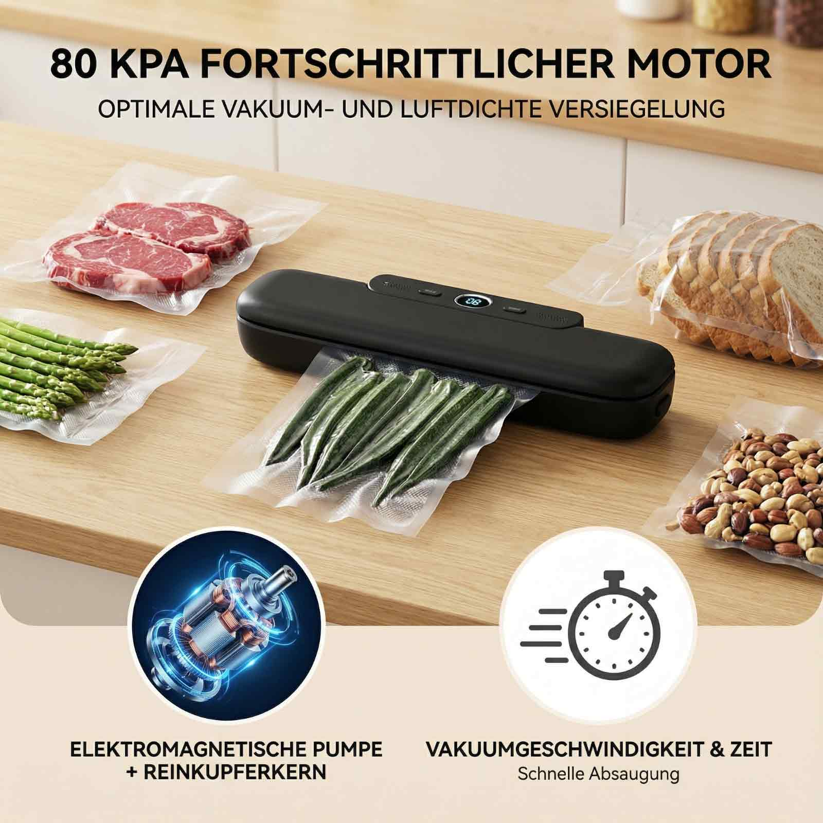 Ein Vakuumiergerät versiegelt Lebensmittel wie Fleisch, Spargel, Bohnen und Brot.