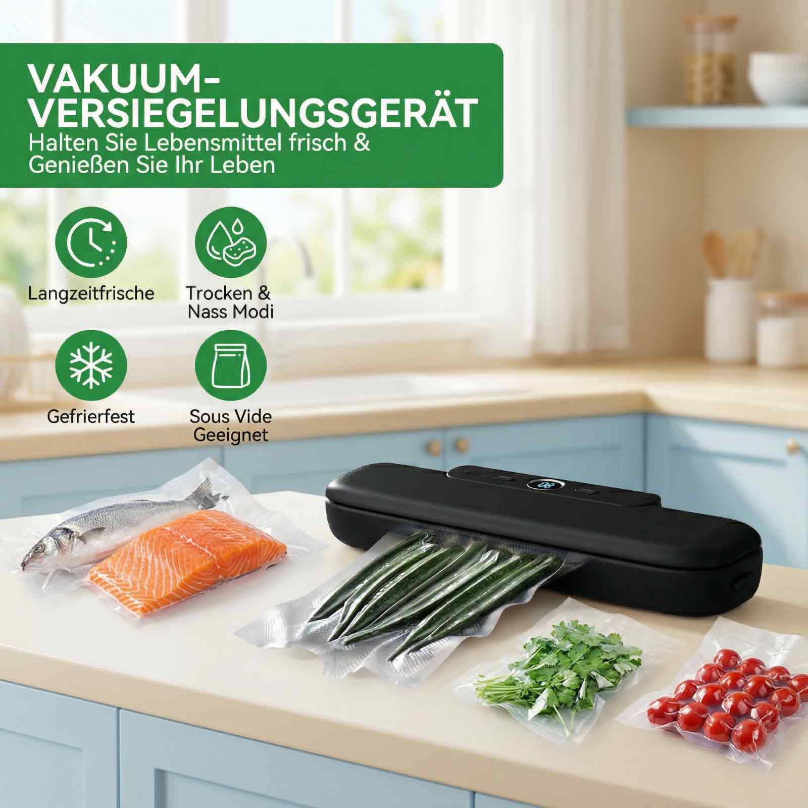 Ein Vakuumiergerät auf einer Theke mit versiegelten Fischen, Lachs, Gurken, Kräutern und Tomaten.
