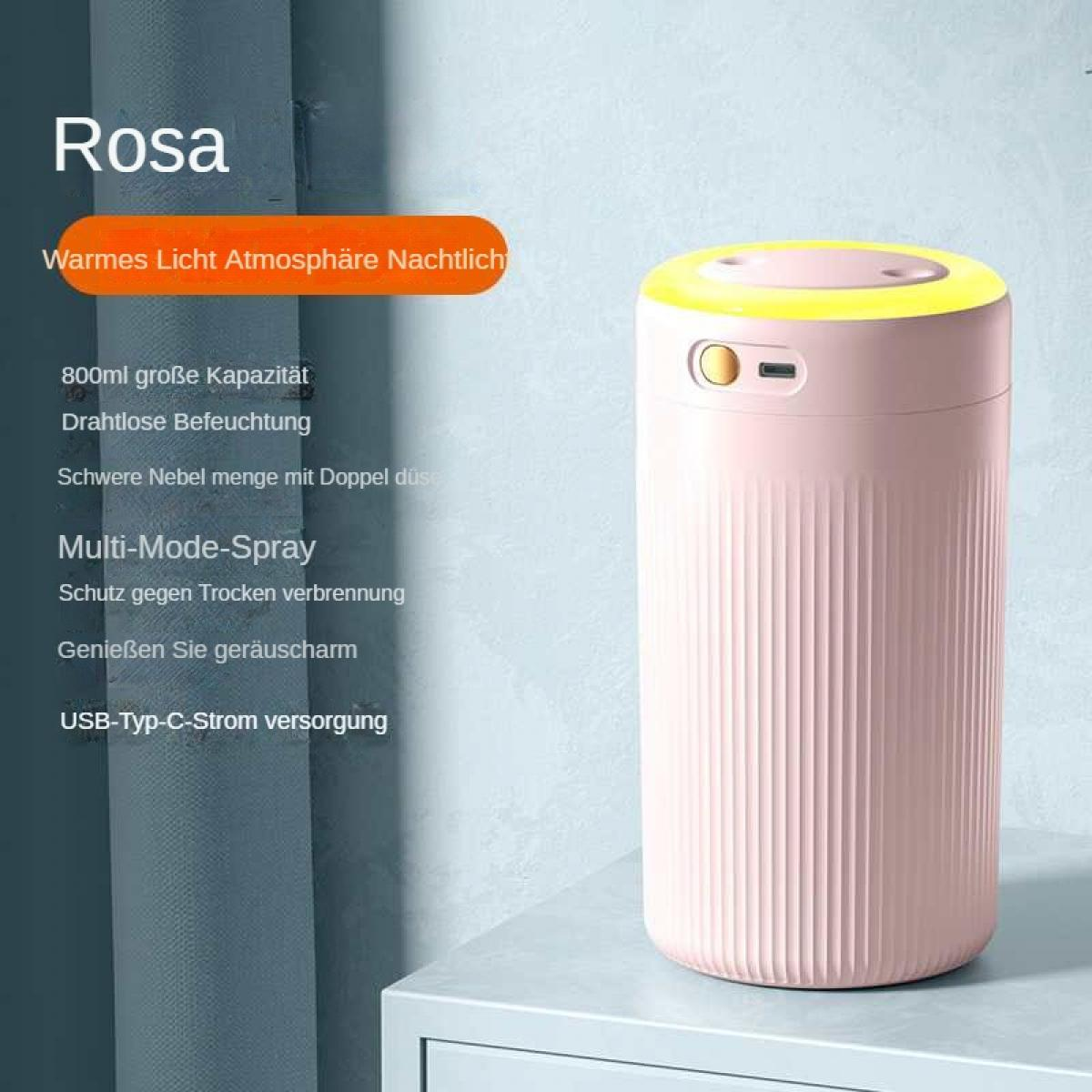 Ein rosa Luftbefeuchter mit gelbem Licht oben, neben Text.