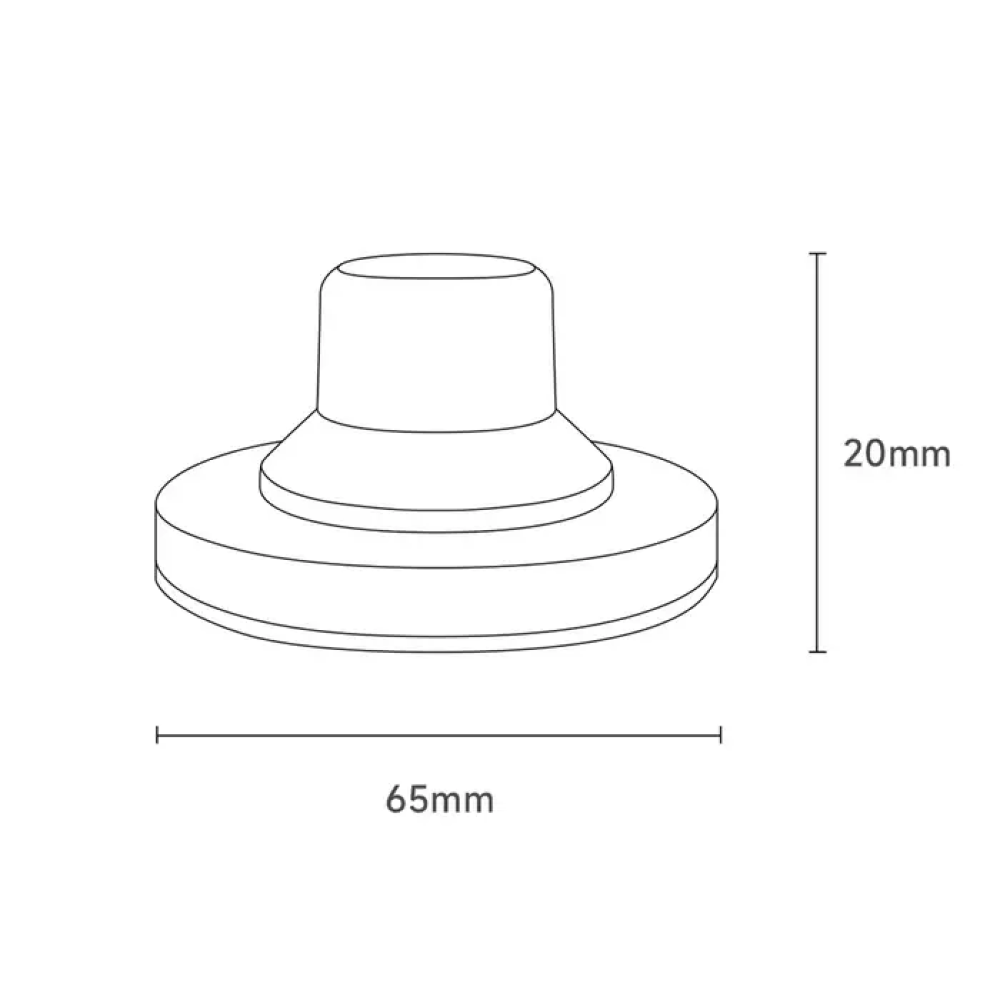 Disegno al tratto di un oggetto conico con base larga, largo 65mm, alto 20mm.