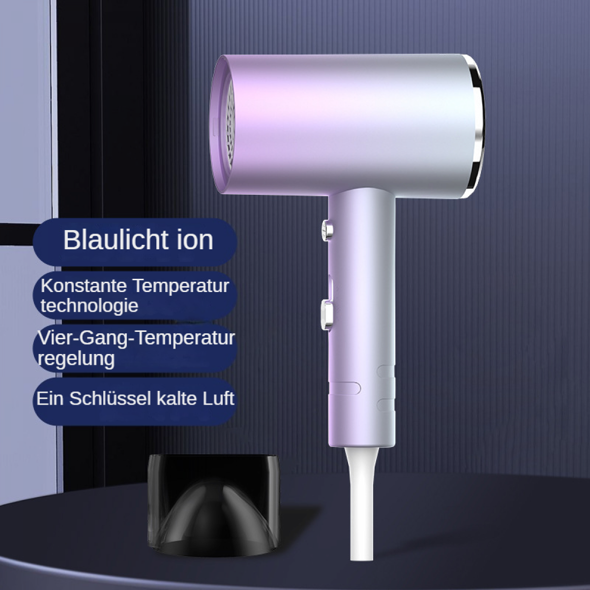Silberner Haartrockner mit blauen und violetten Lichtern, mit Aufsatz.