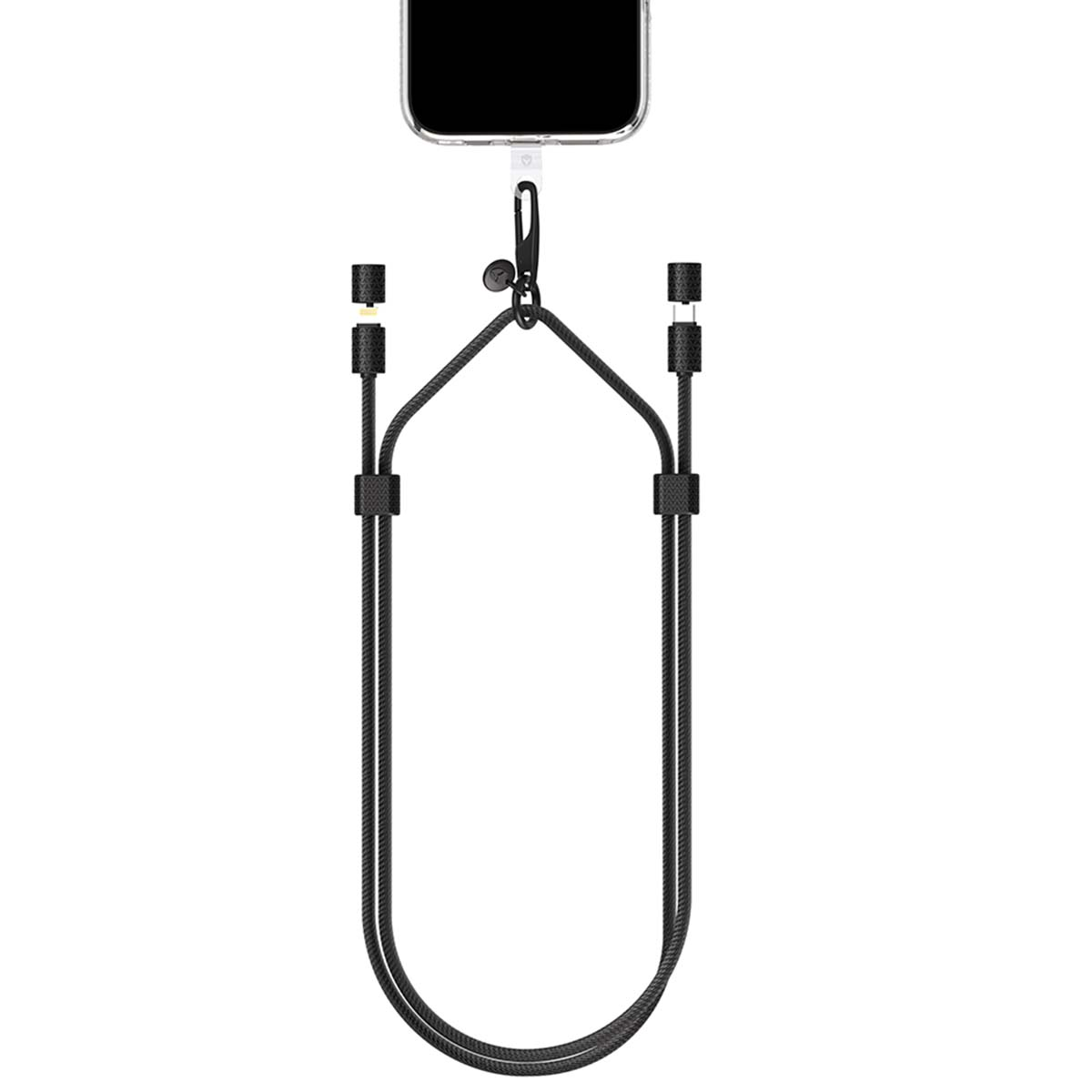 Une lanière de téléphone noire est attachée à un téléphone, avec connecteurs magnétiques.