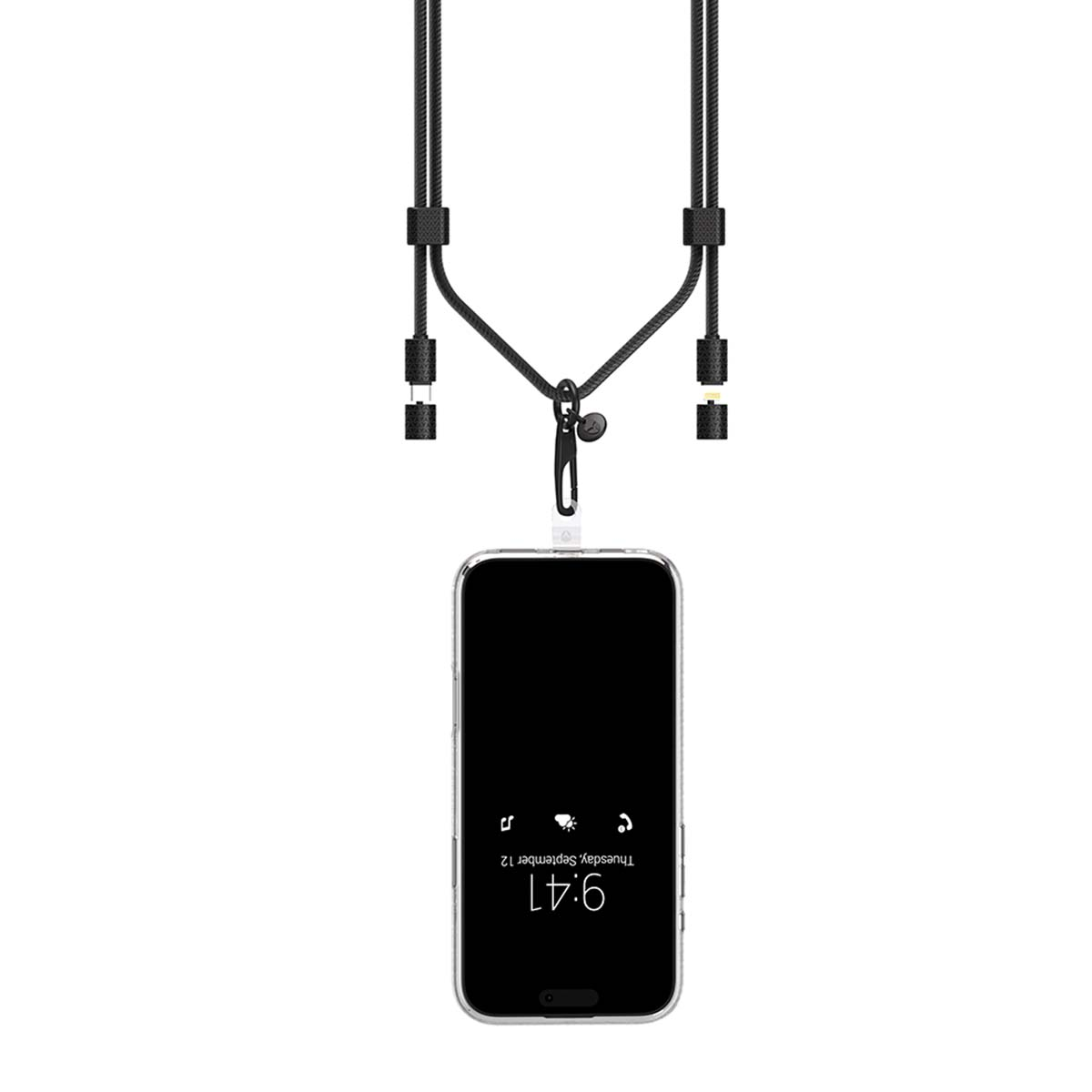 Lanière de téléphone noire avec connecteurs de charge magnétiques et coque.