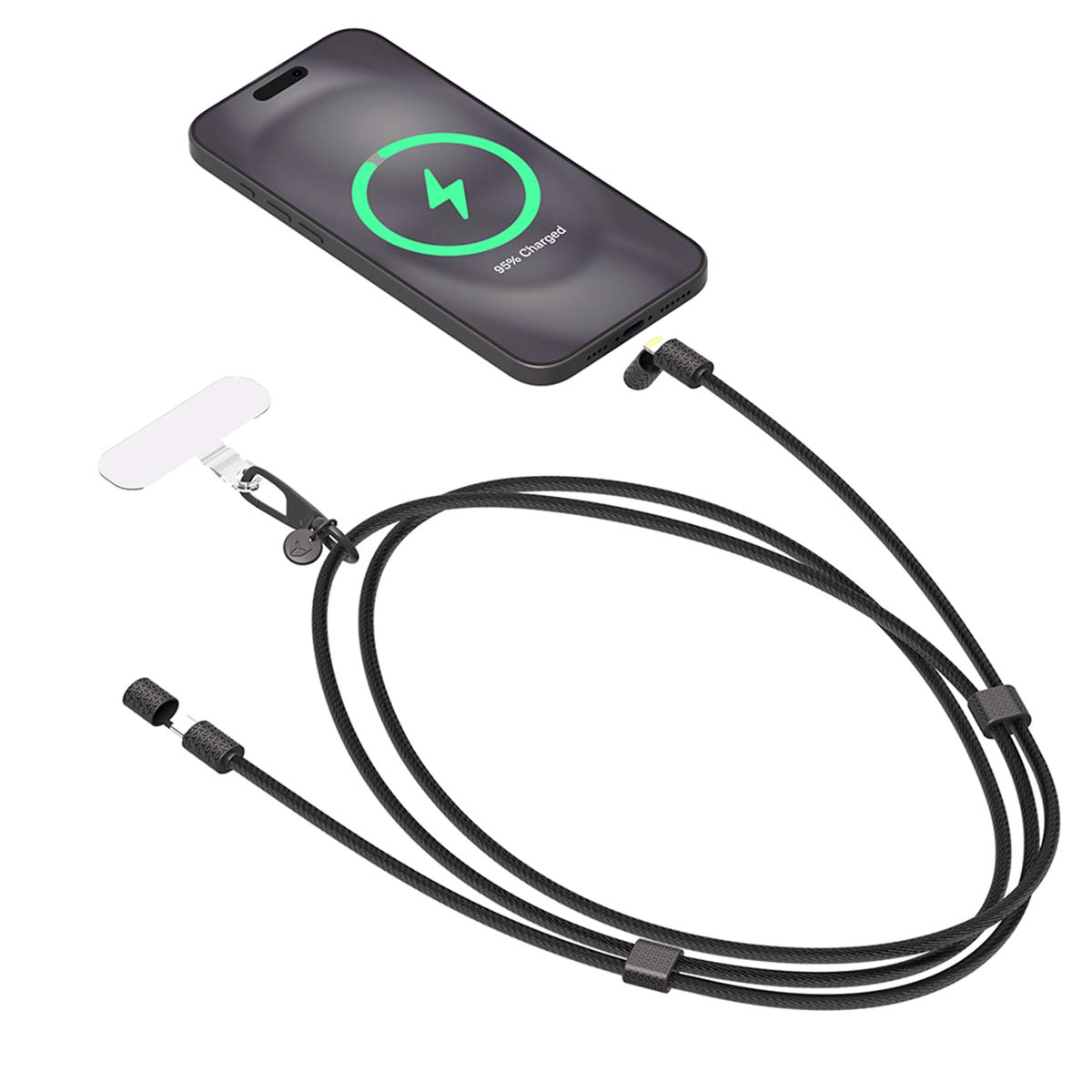 Un téléphone noir avec câble de chargement et lanière est montré sur fond blanc.