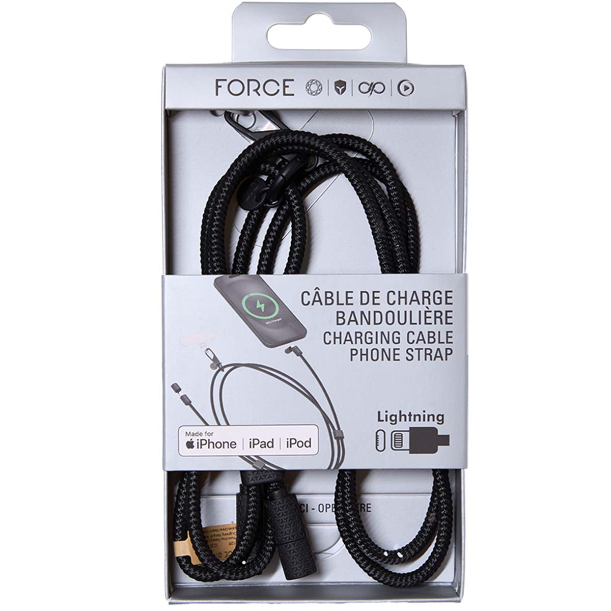 Câble de charge noir et dragonne pour téléphone dans emballage. Marqué 'FORCE'.
