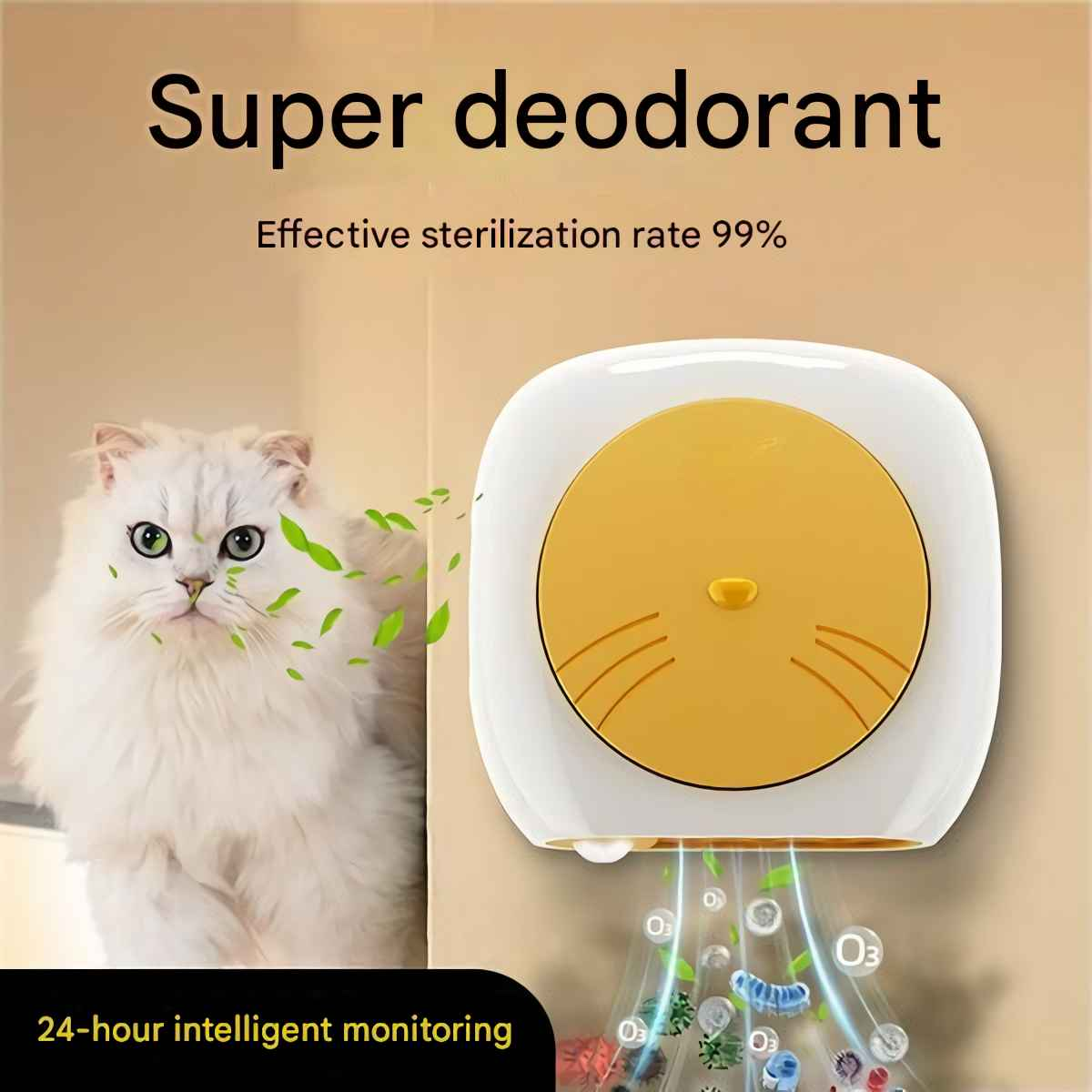 Weiße Katze neben einem wandmontierten Luftreiniger mit Katzenmotiv.