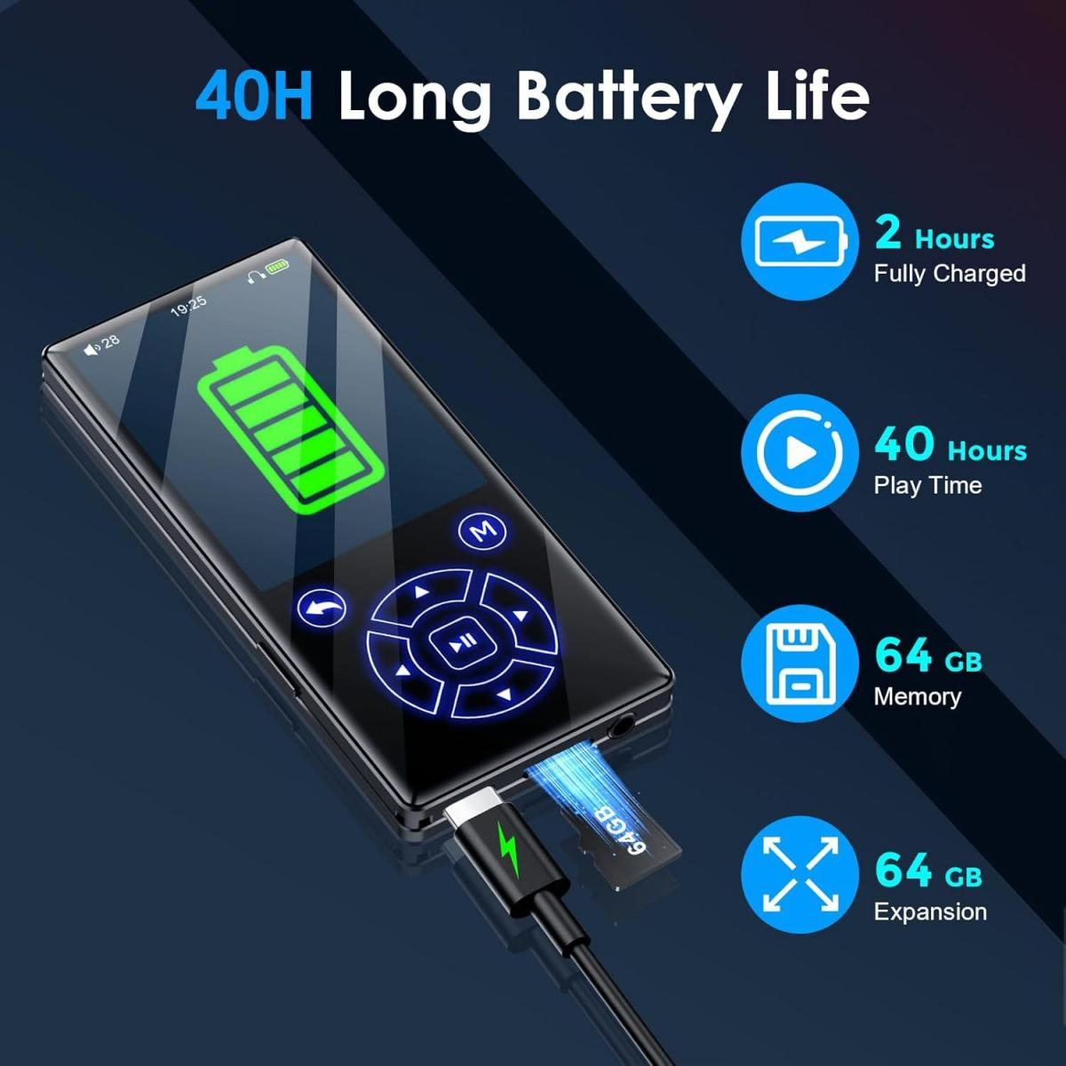 Schwarzer MP3-Player mit 40h Akkulaufzeit, 64GB Speicher & Erweiterung.
